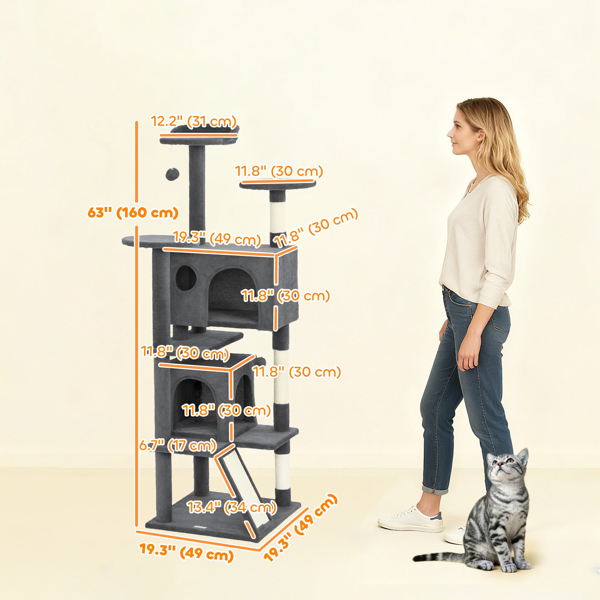 63" Cat Tree, Cat Tower for Indoor Cats with Scratching Posts, Cat Condos, Bed, Platforms, Ramp, Toy Ball, Cat Activity Center, Dark Grey
