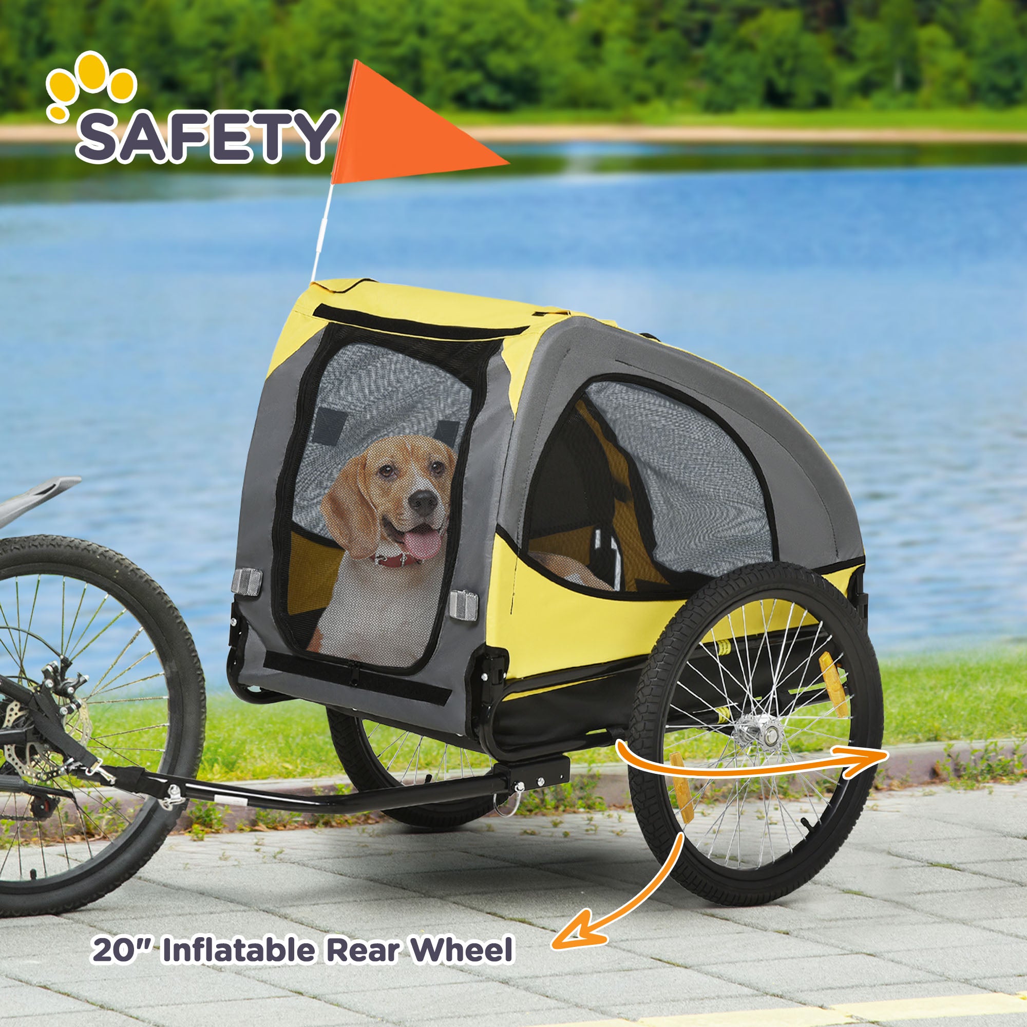 Aosom Dog Bike Trailer, Pet Bike Wagon with Steel Frame, Hitch Coupler, Quick Release Wheels, Reflectors, Flag, Pet Travel Carrier for Medium Dogs, Yellow