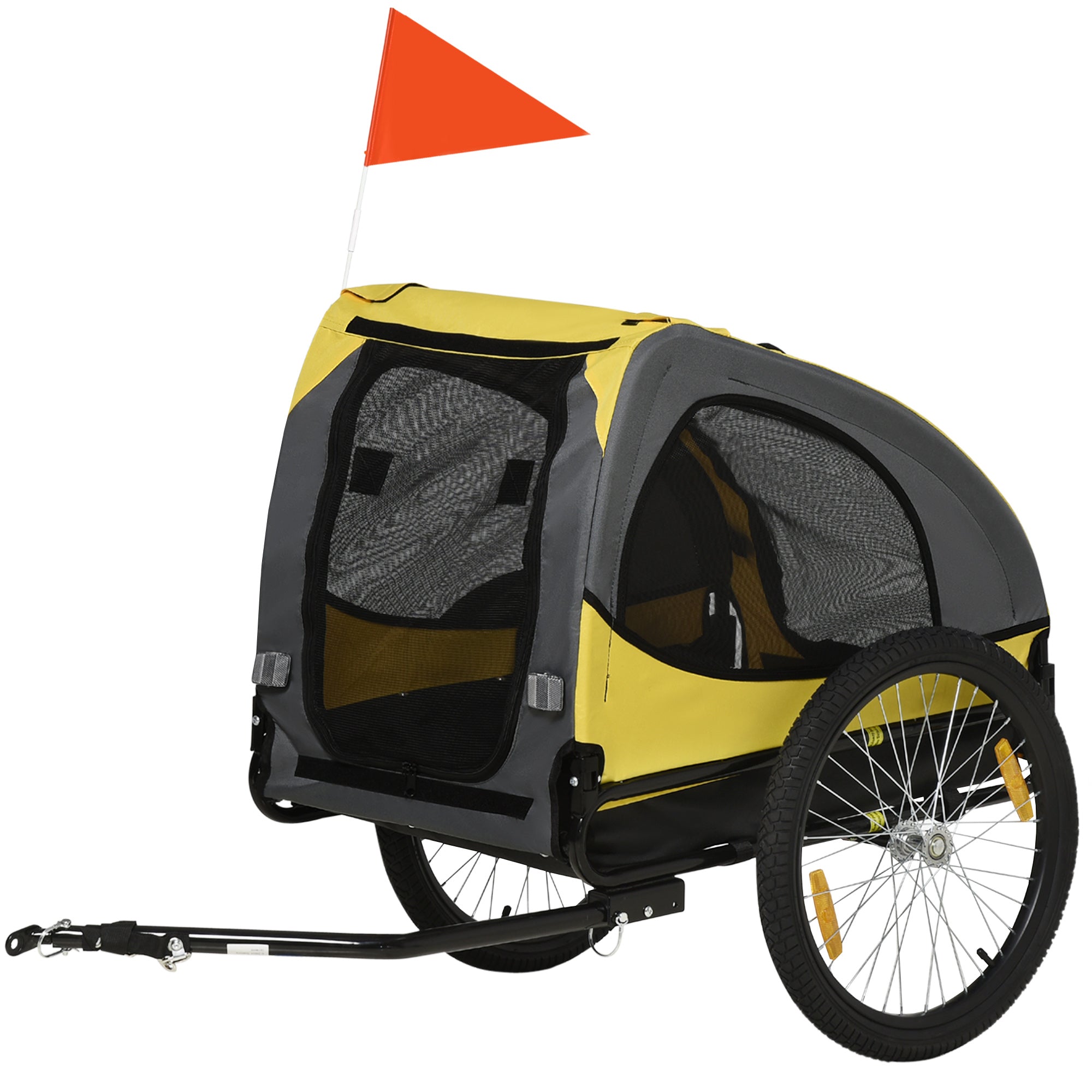 Aosom Dog Bike Trailer, Pet Bike Wagon with Steel Frame, Hitch Coupler, Quick Release Wheels, Reflectors, Flag, Pet Travel Carrier for Medium Dogs, Yellow