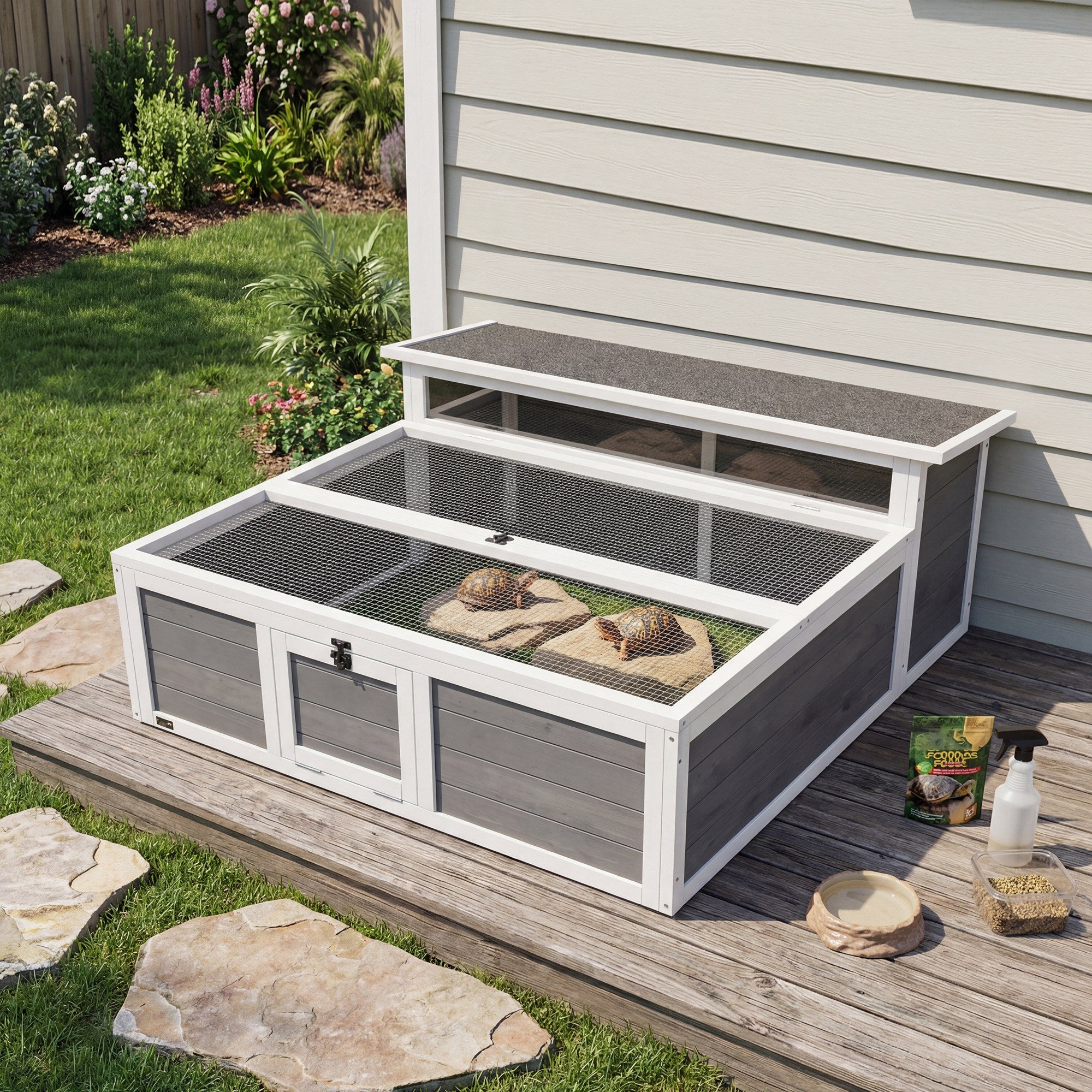 Tortoise Habitat Outdoor with Run, Wooden Tortoise Enclosure with Clear Window, Openable Top and Multiple Doors, Turtle Habitat Rabbit Hutch for Backyard, Dark Gray