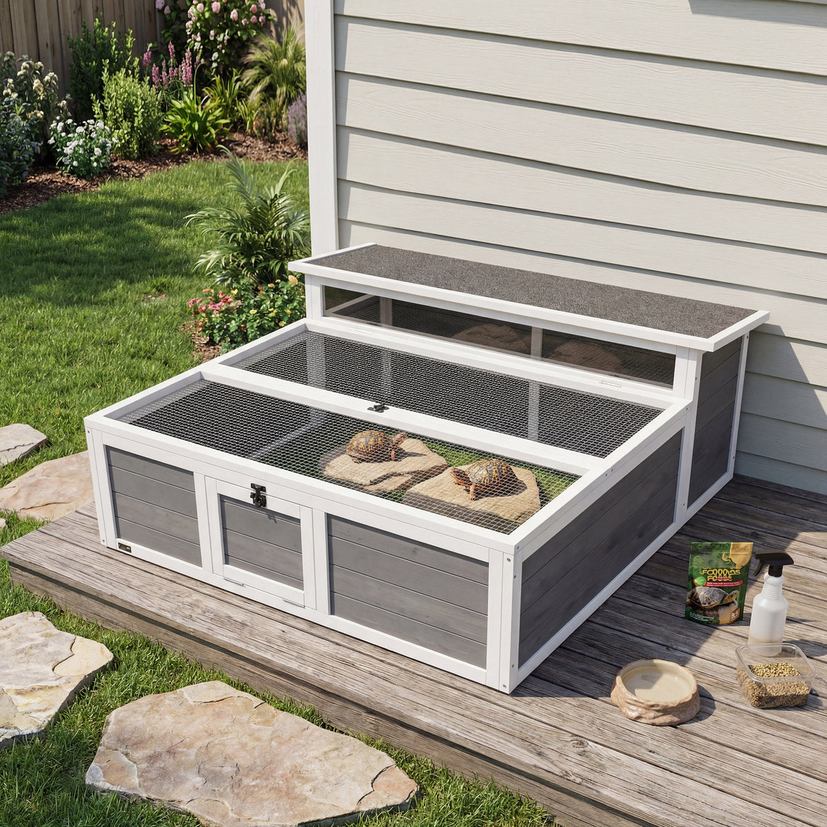 Wooden Tortoise House, Tortoise Enclosure with Clear Observation Window, Top Opening, Multiple Doors, Galvanised Mesh, Small Animal Enclosure for Indoor Outdoor Use, Dark Grey