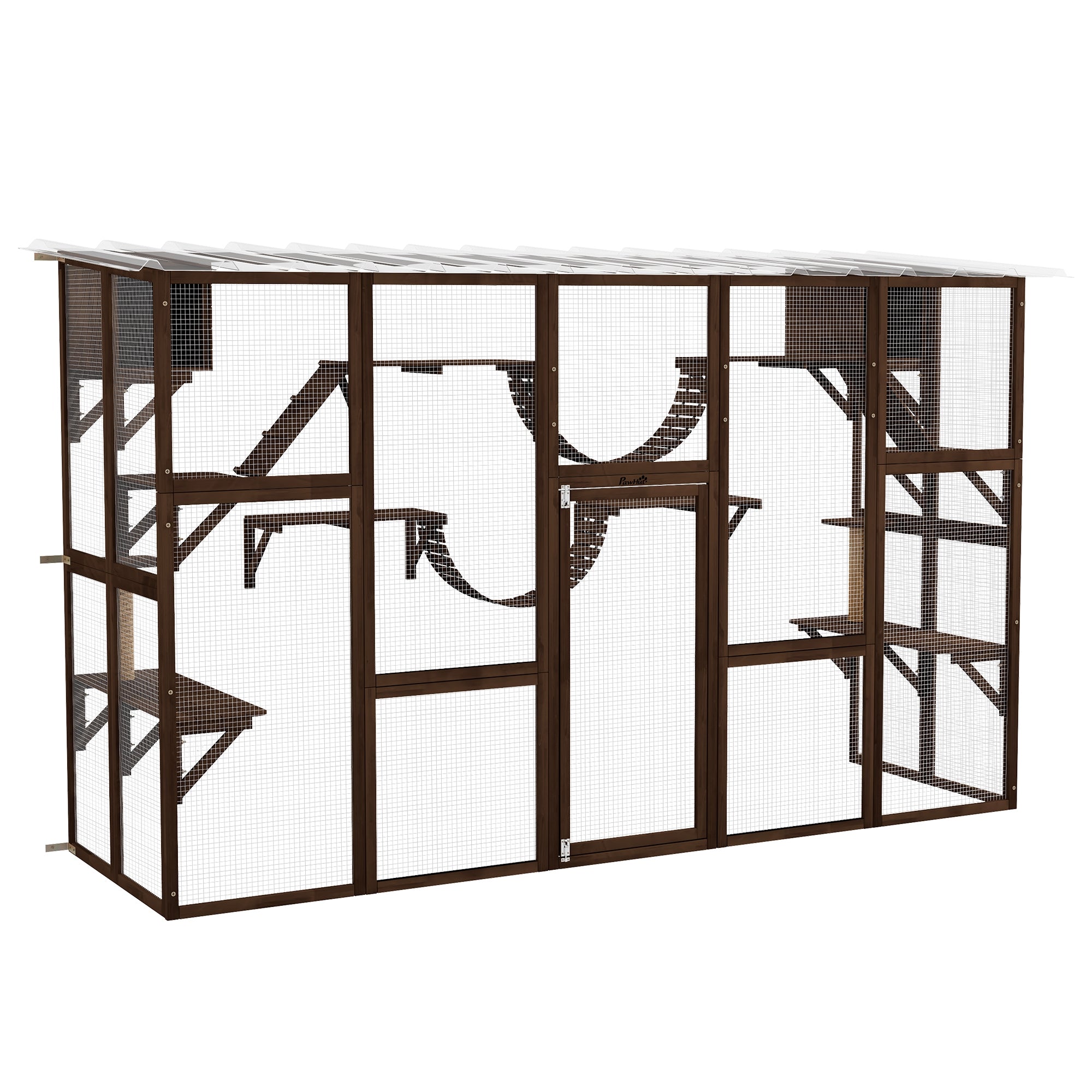 Catio, Large Outdoor Cat Enclosure with Cat Condos, Platforms, Ladders, Doors, Weather-Resistant Roof, Wooden Cat Cage for 1-4 Cats, Espresso