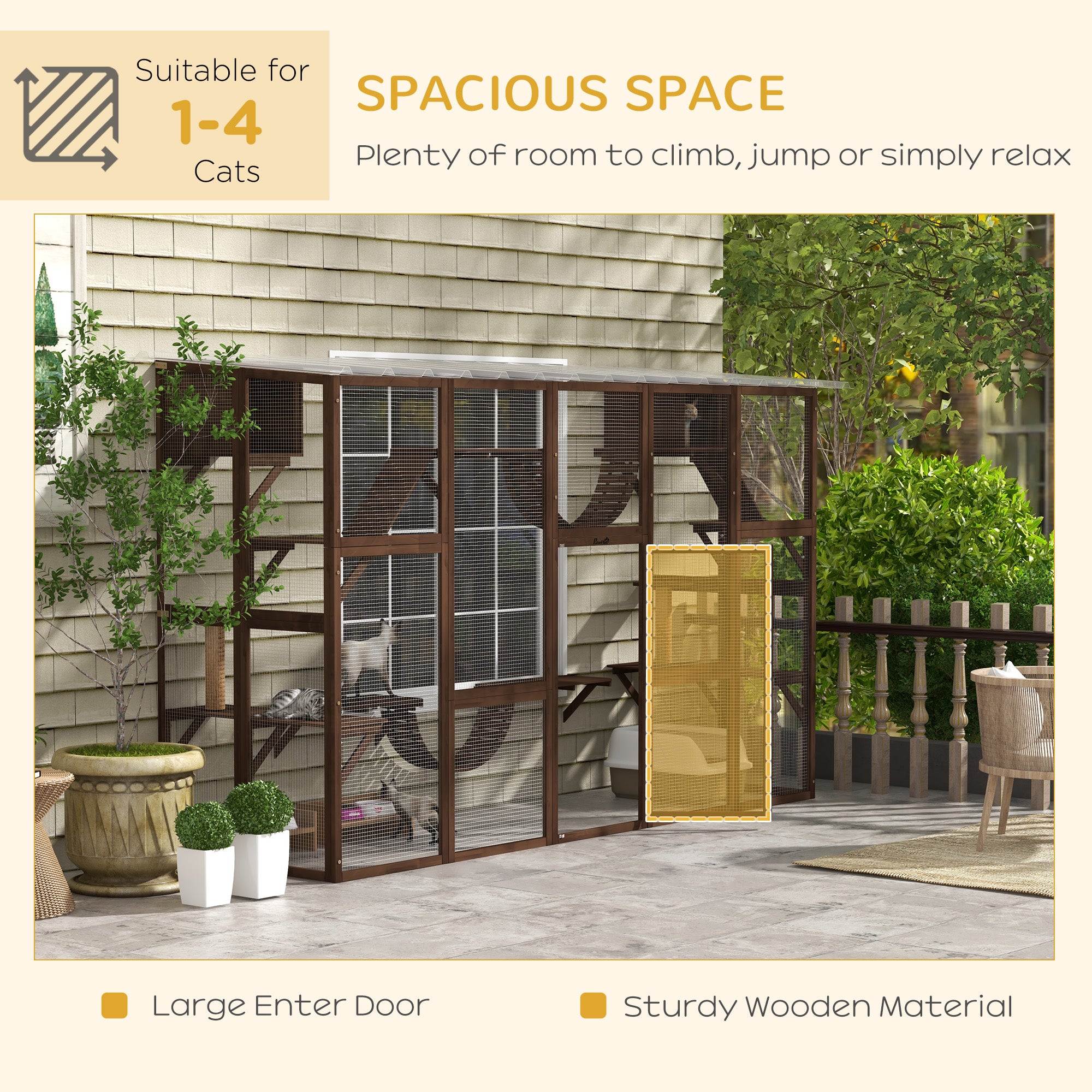 Catio, Large Outdoor Cat Enclosure with Cat Condos, Platforms, Ladders, Doors, Weather-Resistant Roof, Wooden Cat Cage for 1-4 Cats, Espresso