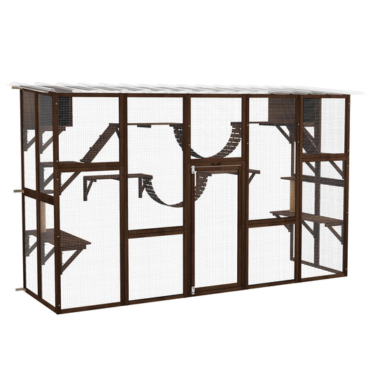 Catio, Large Outdoor Cat Enclosure with Cat Condos, Platforms, Ladders, Doors, Weather-Resistant Roof, Wooden Cat Cage for 1-4 Cats, Espresso