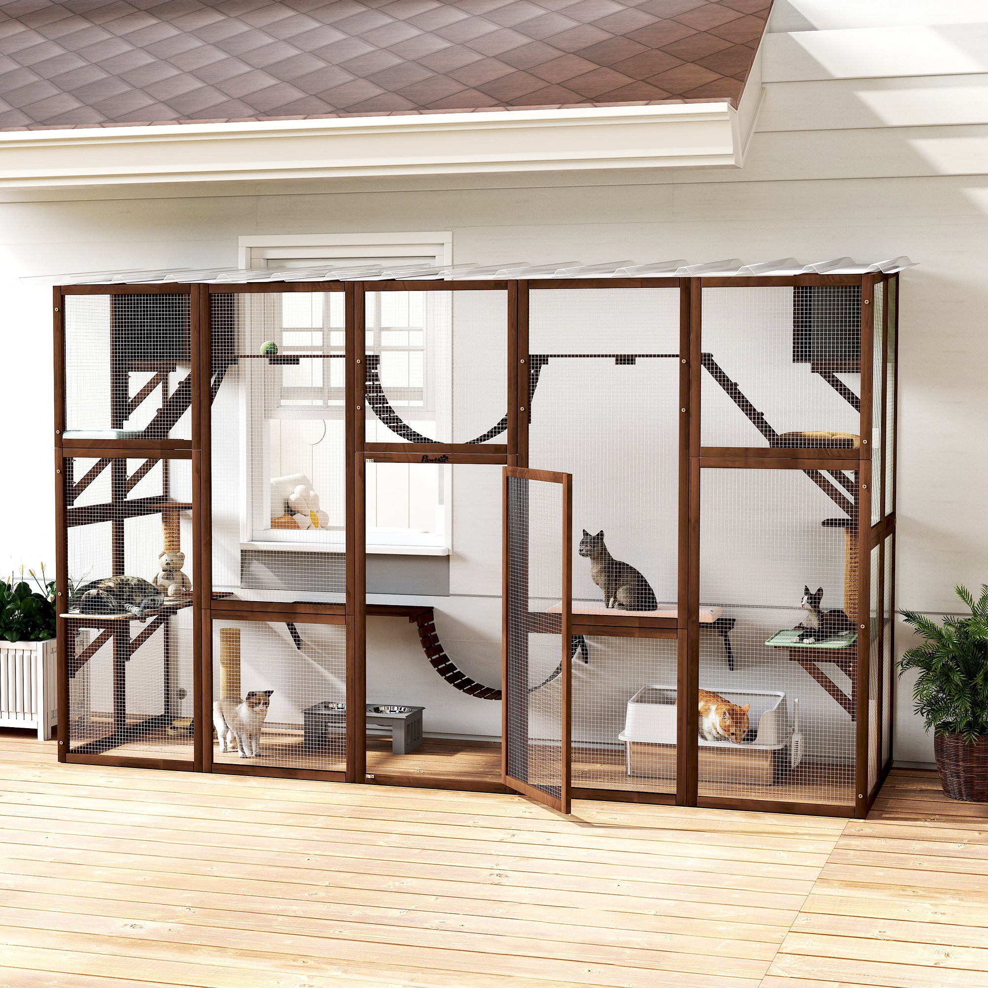 Catio, Large Outdoor Cat Enclosure with Cat Condos, Platforms, Ladders, Doors, Weather-Resistant Roof, Wooden Cat Cage for 1-4 Cats, Espresso