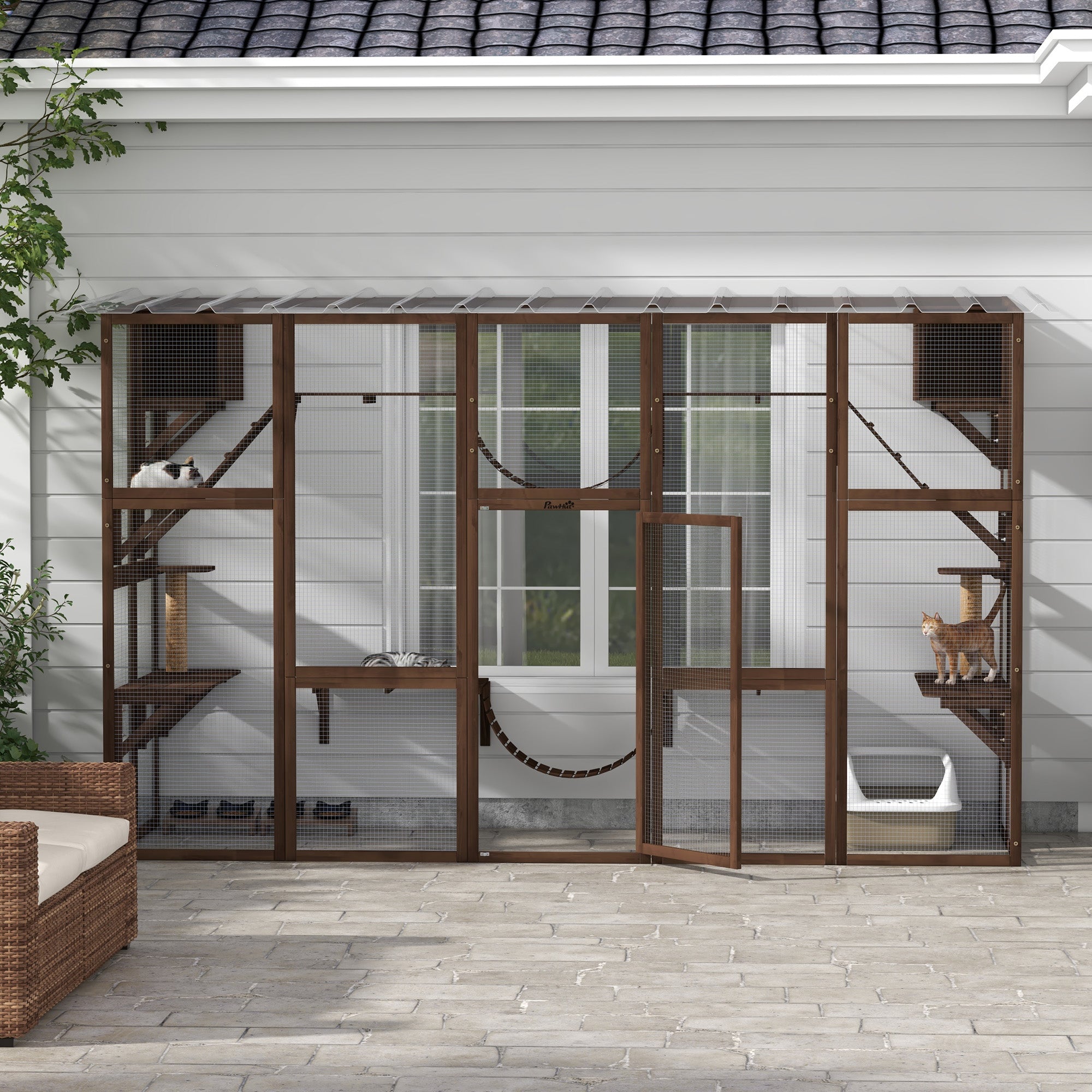 Catio, Large Outdoor Cat Enclosure with Cat Condos, Platforms, Ladders, Doors, Weather-Resistant Roof, Wooden Cat Cage for 1-4 Cats, Espresso