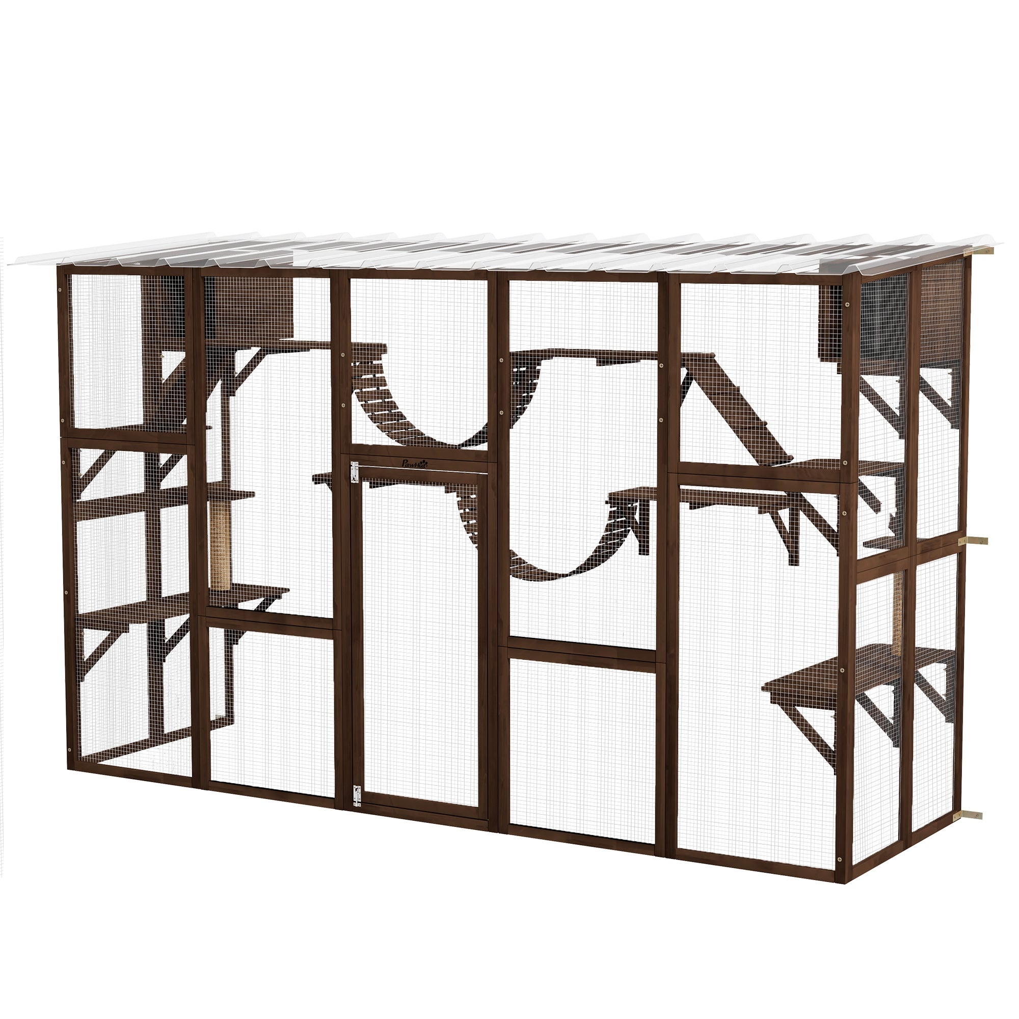 Catio, Large Outdoor Cat Enclosure with Cat Condos, Platforms, Ladders, Doors, Weather-Resistant Roof, Wooden Cat Cage for 1-4 Cats, Espresso
