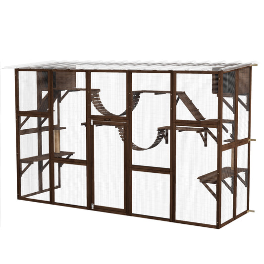 Catio, Large Outdoor Cat Enclosure with Cat Condos, Platforms, Ladders, Doors, Weather-Resistant Roof, Wooden Cat Cage for 1-4 Cats, Espresso