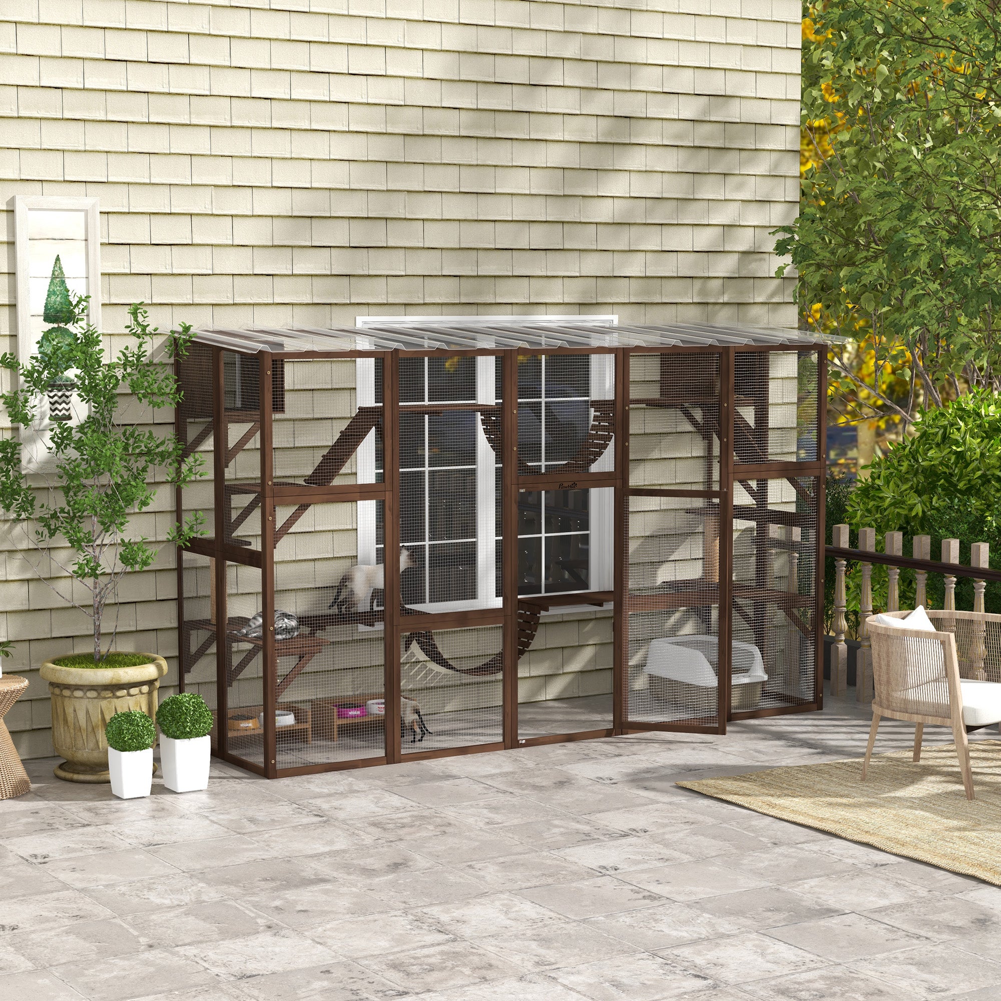 Catio, Large Outdoor Cat Enclosure with Cat Condos, Platforms, Ladders, Doors, Weather-Resistant Roof, Wooden Cat Cage for 1-4 Cats, Espresso