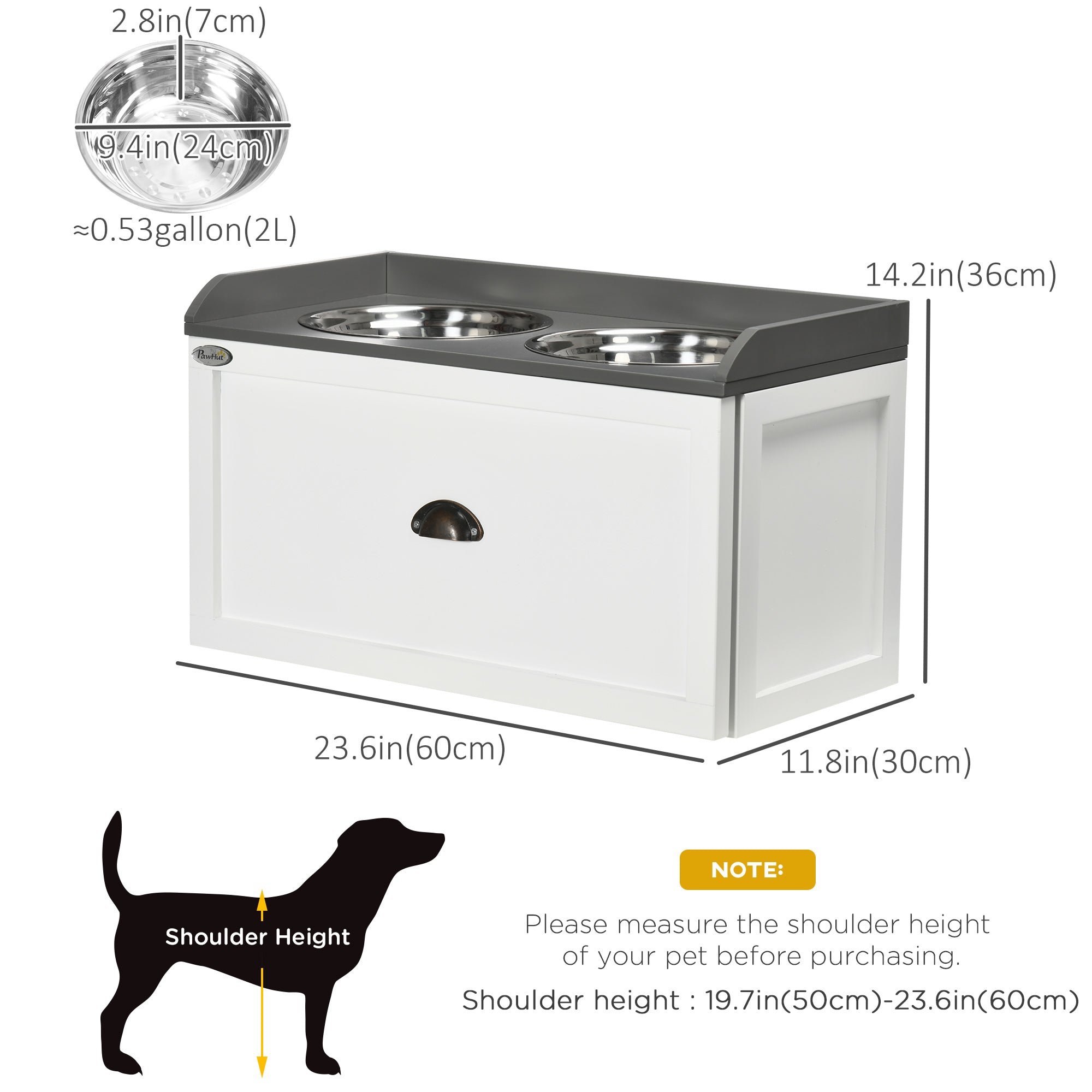 Elevated Dog Bowls for Large Dogs, Raised Pet Feeding Station with 2 Stainless Steel Bowls, Hidden Storage Drawer, Wood Stand for Cats, White