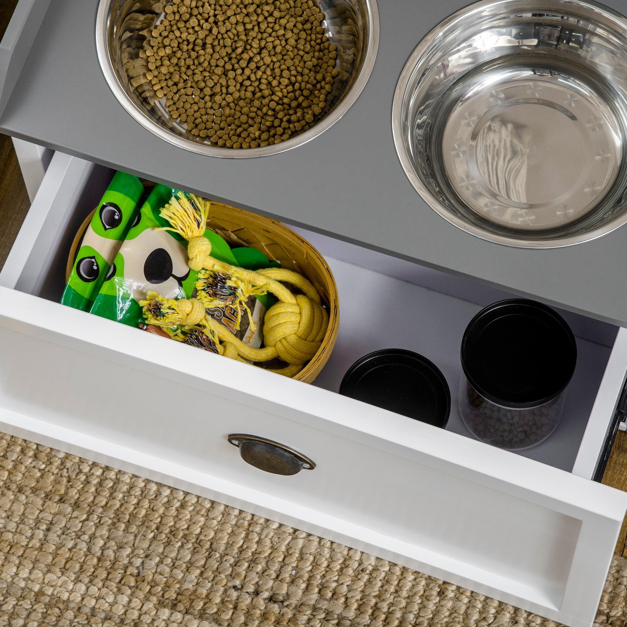 Elevated Dog Bowls for Large Dogs, Raised Pet Feeding Station with 2 Stainless Steel Bowls, Hidden Storage Drawer, Wood Stand for Cats, White