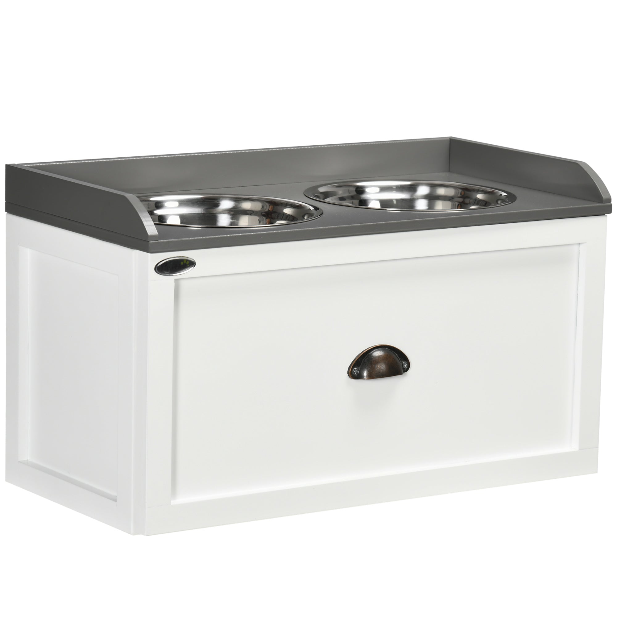 Elevated Dog Bowls for Large Dogs, Raised Pet Feeding Station with 2 Stainless Steel Bowls, Hidden Storage Drawer, Wood Stand for Cats, White