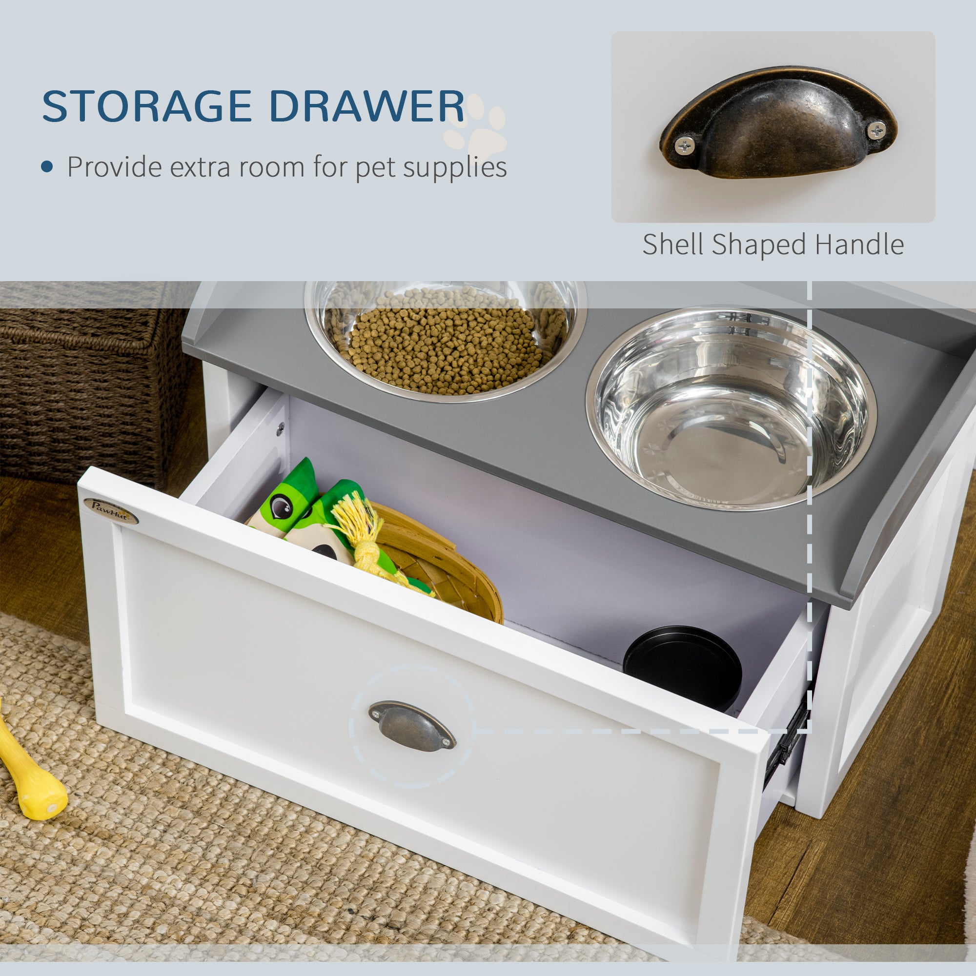 Elevated Dog Bowls for Large Dogs, Raised Pet Feeding Station with 2 Stainless Steel Bowls, Hidden Storage Drawer, Wood Stand for Cats, White