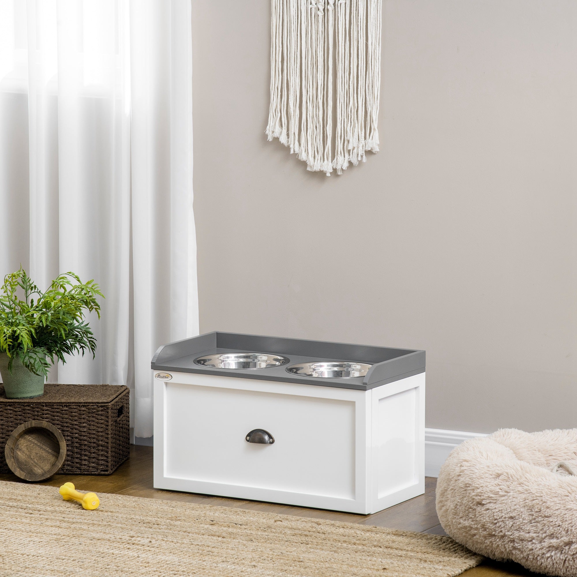 Elevated Dog Bowls for Large Dogs, Raised Pet Feeding Station with 2 Stainless Steel Bowls, Hidden Storage Drawer, Wood Stand for Cats, White