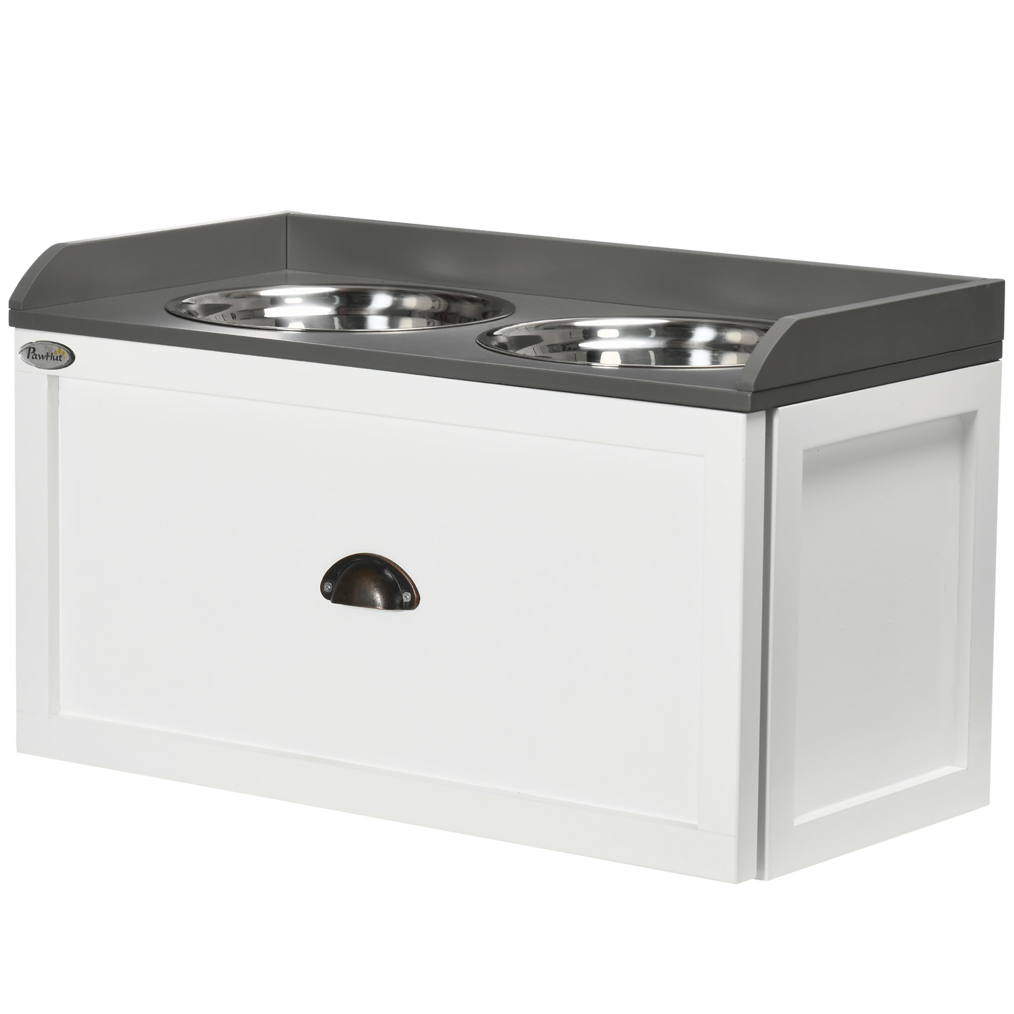 Elevated Dog Bowls for Large Dogs, Raised Pet Feeding Station with 2 Stainless Steel Bowls, Hidden Storage Drawer, Wood Stand for Cats, White