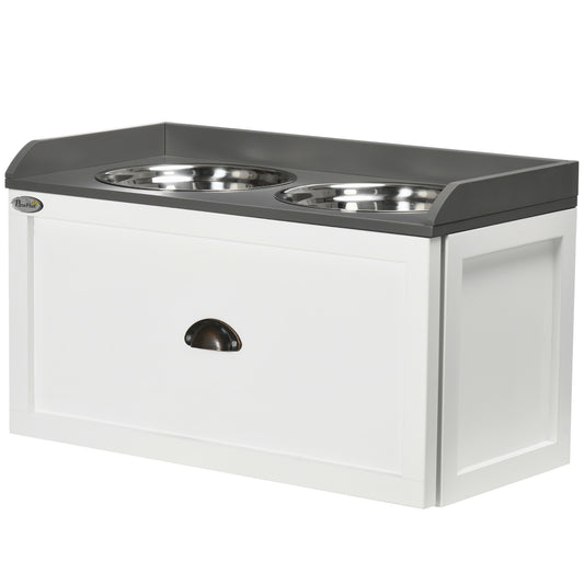 Elevated Dog Bowls for Large Dogs, Raised Pet Feeding Station with 2 Stainless Steel Bowls, Hidden Storage Drawer, Wood Stand for Cats, White