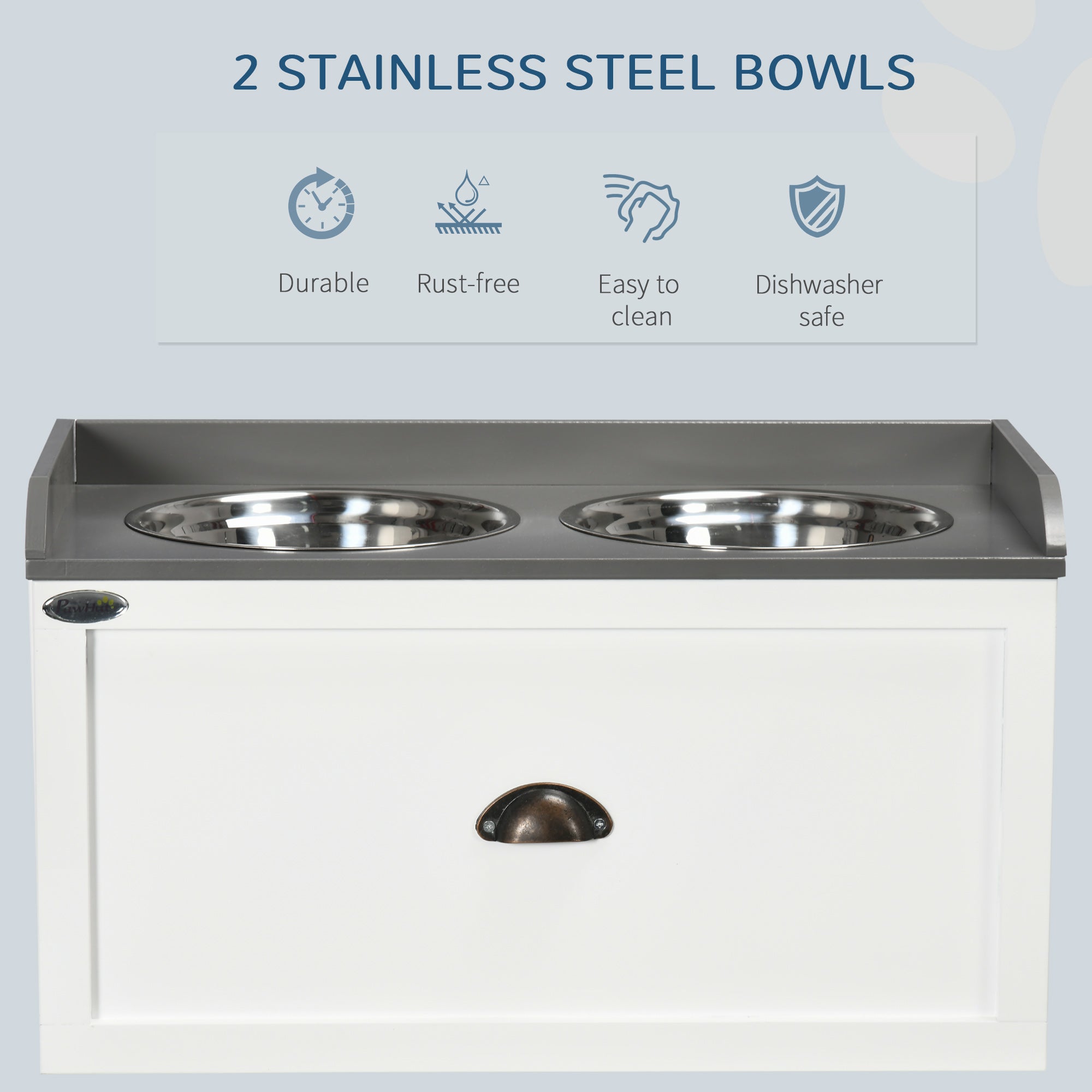 Elevated Dog Bowls for Large Dogs, Raised Pet Feeding Station with 2 Stainless Steel Bowls, Hidden Storage Drawer, Wood Stand for Cats, White