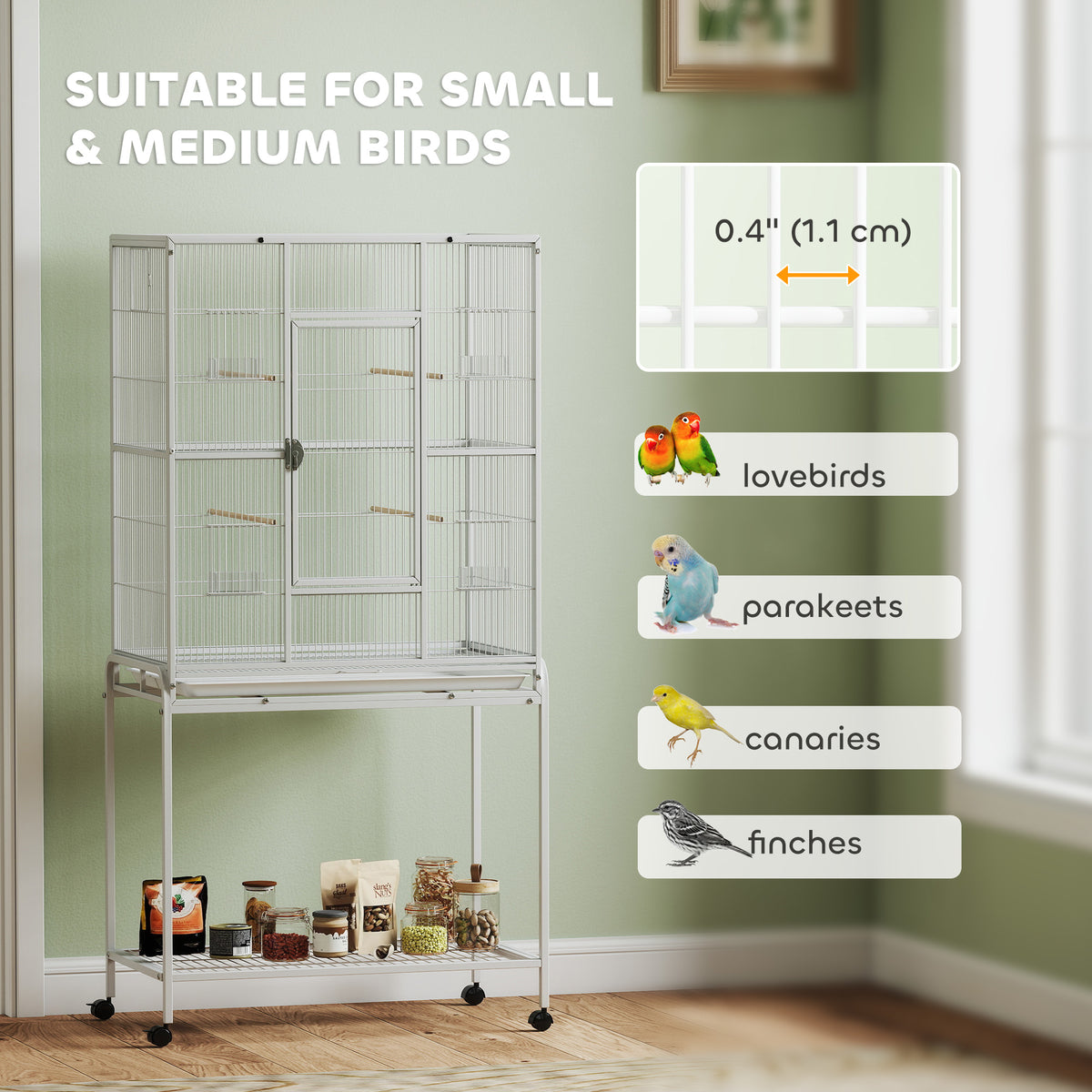 Large Bird Cage Budgie Cage with Stand, Storage Shelf, Wood Perch for Parrot Canary Parakeet Cockatiels, 81 x 48 x 162.5 cm, White