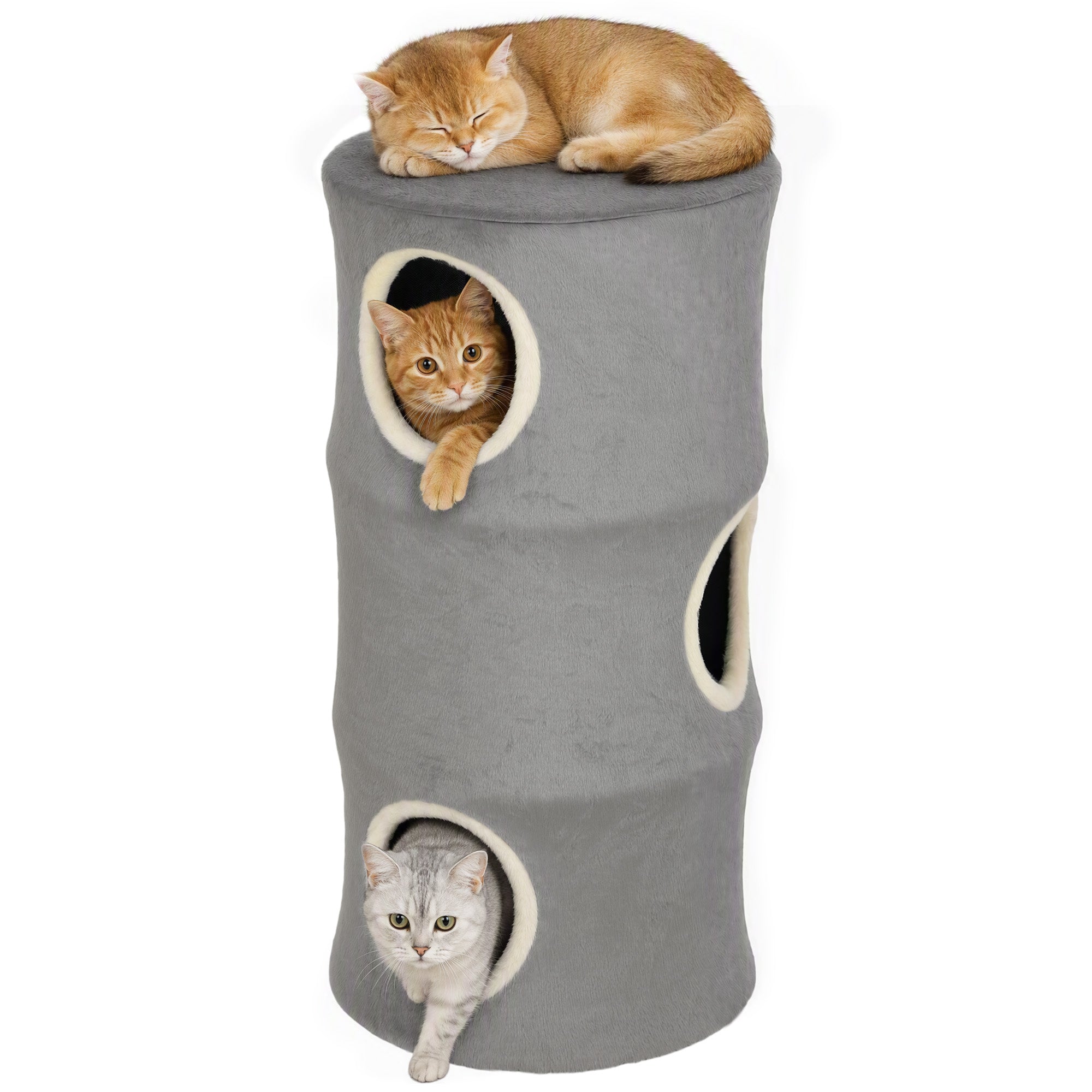Cat House for Indoor Kittens, Cat Condo with Removable Washable Cover, Modern Barrel-Shaped Kitty Cave Bed, Stable Multi-Level Kitten Hideaway for Play & Rest, 40 x 40 x 80 cm, Grey