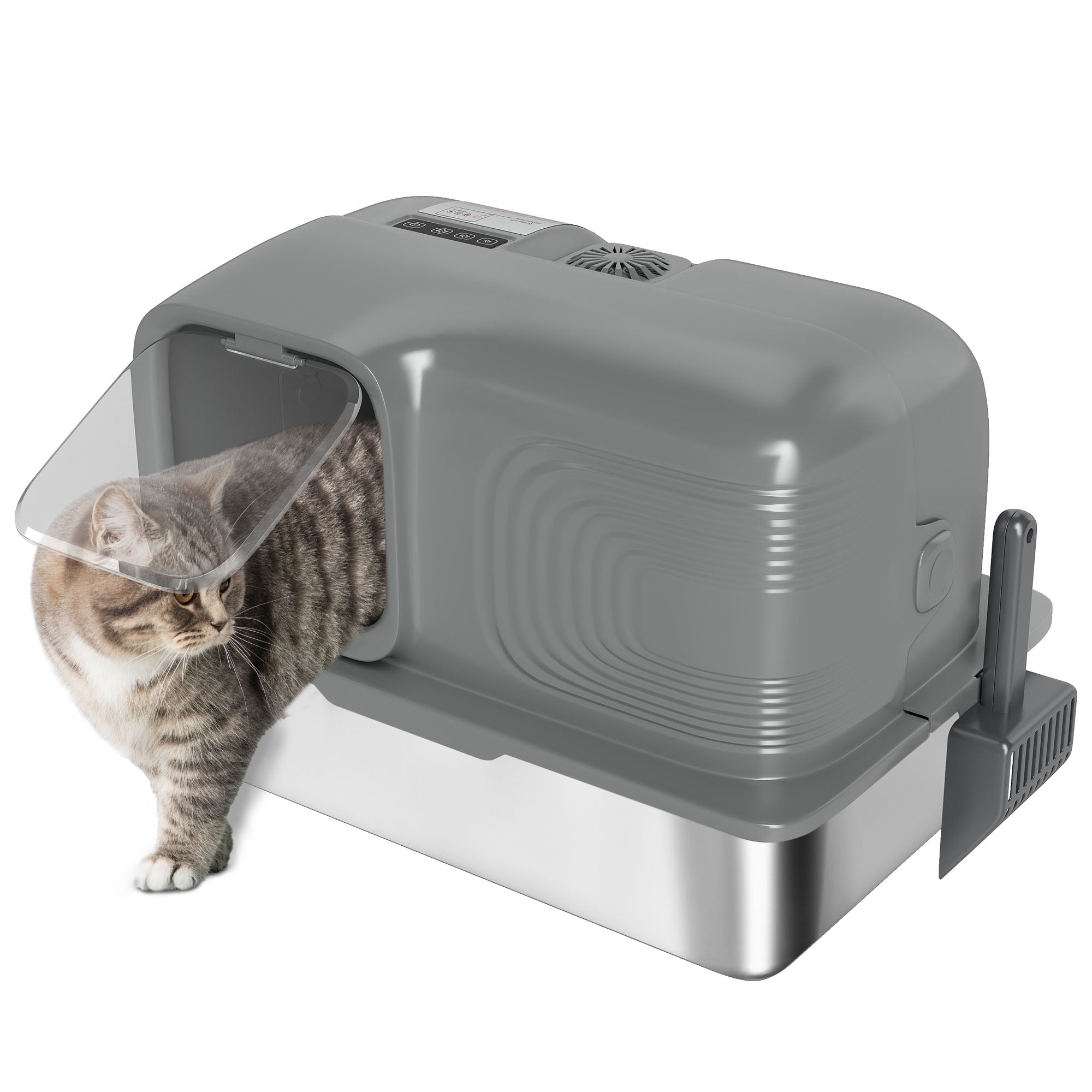 Stainless Steel Litter Tray with Plasma Deodoriser System, 65L Extra Large Enclosed Litter Box with Lid High, Sided Wall and Scoop for Larger Cats, Easy to Clean & Odour-Resistant, Grey
