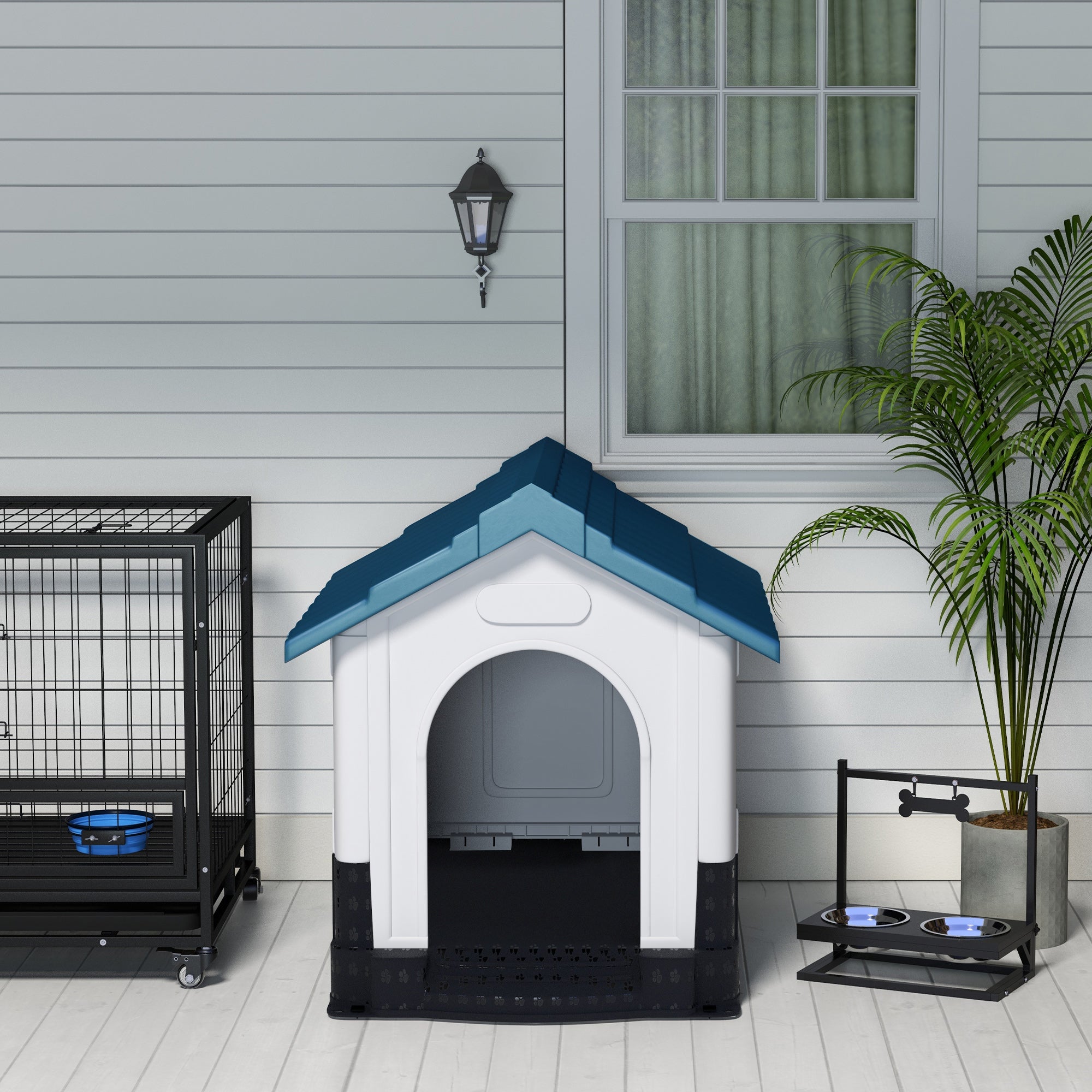 Dog Kennel for Outside, Plastic Dog House, Water-Resistant Pet Shelter with Windows, for Garden Patio, Medium and Large Dogs, 101 x 88 x 99cm - Blue