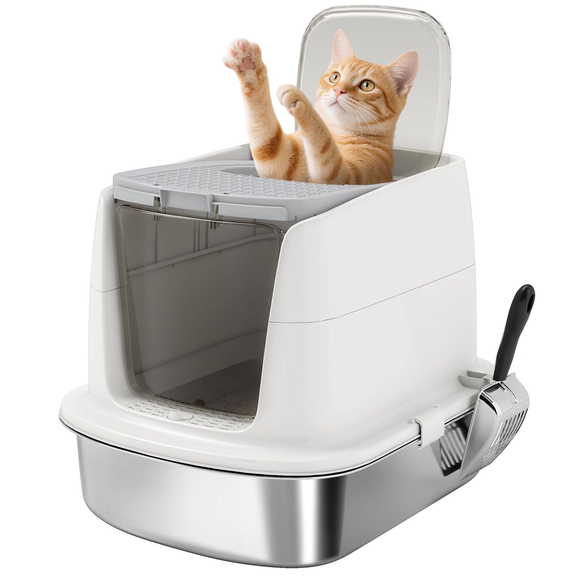 Stainless Steel Litter Box with Lid, Large Hooded Cat Litter Tray with Flip Cover, Metal Scoop, Deodoriser Bag, Non-Sticky, Odour Control and Easy Clean, White
