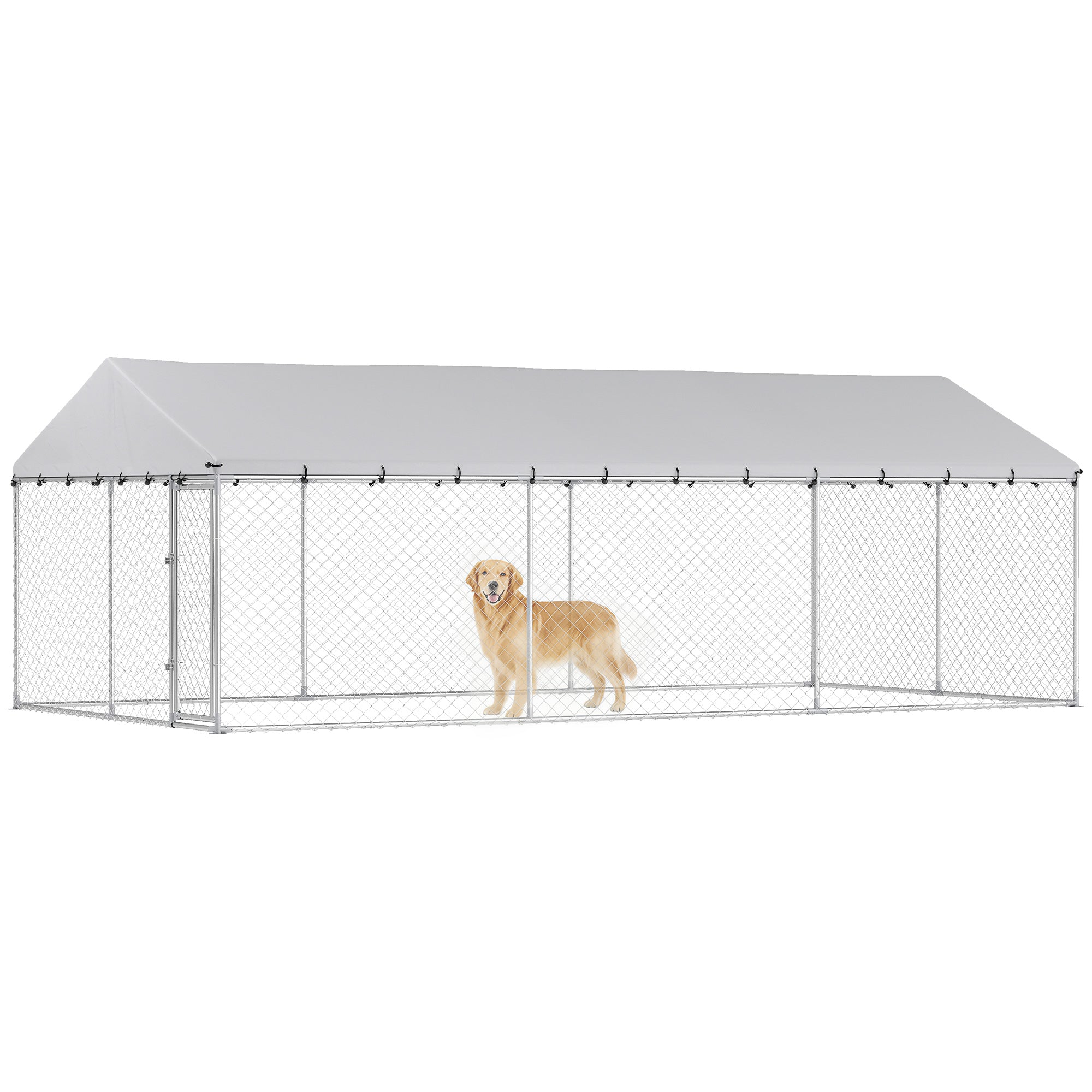 Outdoor Dog Kennel, 20' x 10' x 7', Heavy Duty Large Dog Kennel Outside w/ Waterproof Roof, Galvanized Chain Link Pet Enclosure w/ 2 Secure Locks, for Large Breed, Chicken, Duck