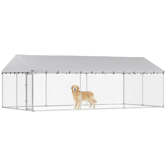 Outdoor Dog Kennel, 20' x 10' x 7', Heavy Duty Large Dog Kennel Outside w/ Waterproof Roof, Galvanized Chain Link Pet Enclosure w/ 2 Secure Locks, for Large Breed, Chicken, Duck