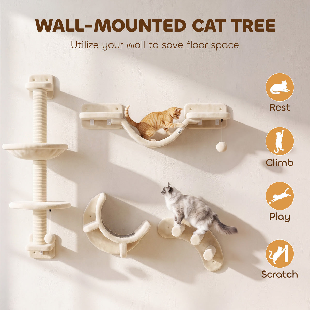 4 Piece Cat Shelves, Cat Wall Furniture with Hammock, Scratching Posts, Soft Ladder, Steps, Jump Platforms, Hanging Ball for Indoor Kittens, Space Saving - Beige