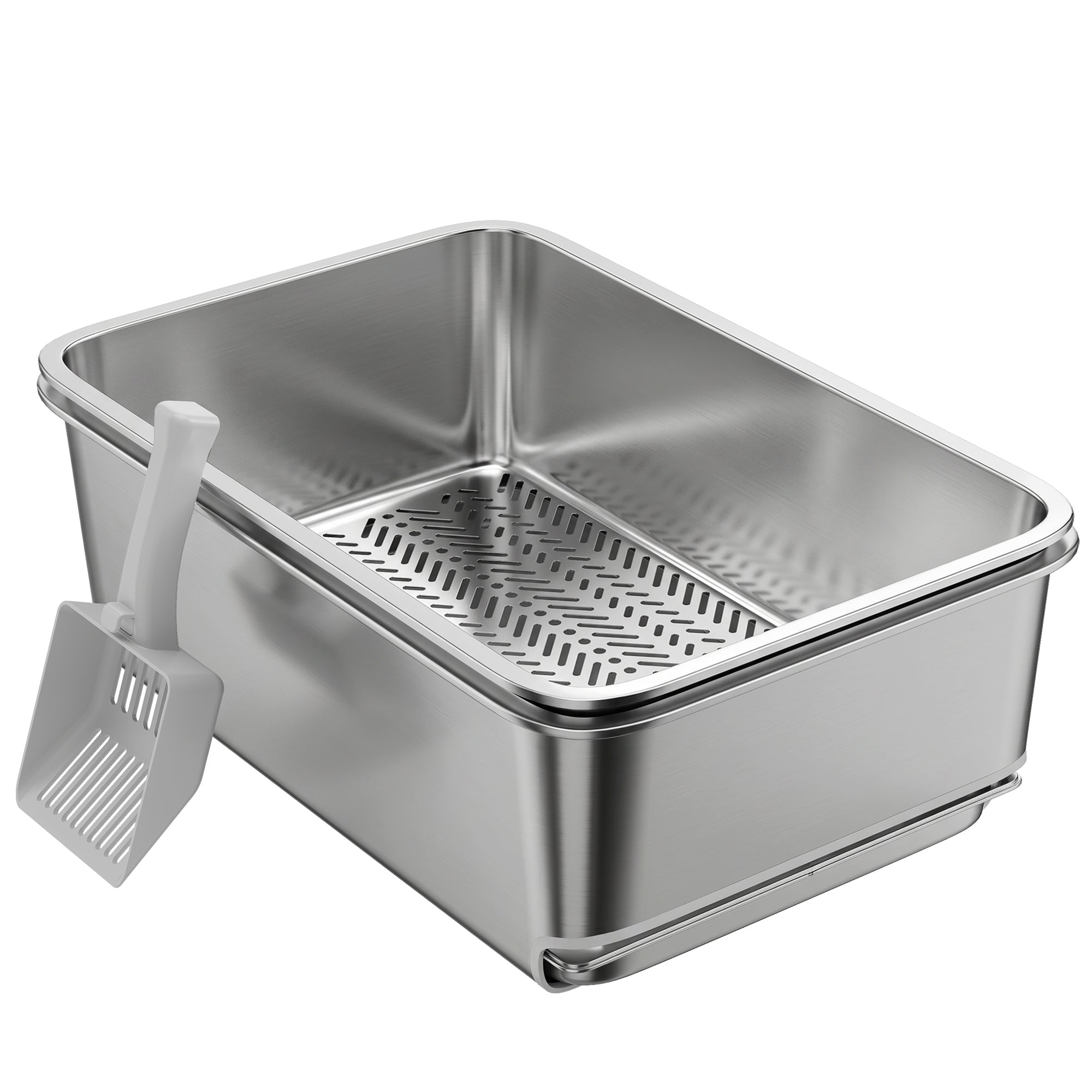 Stainless Steel Litter Box, XL Sifting Cat Litter Box with Sifting Pan, High Sides for Medium, Large Cat, Pine Pellets, Non-Sticky, Odour Control and Easy Cleaning, 23.6" x 15.7" x 7.9", Silver