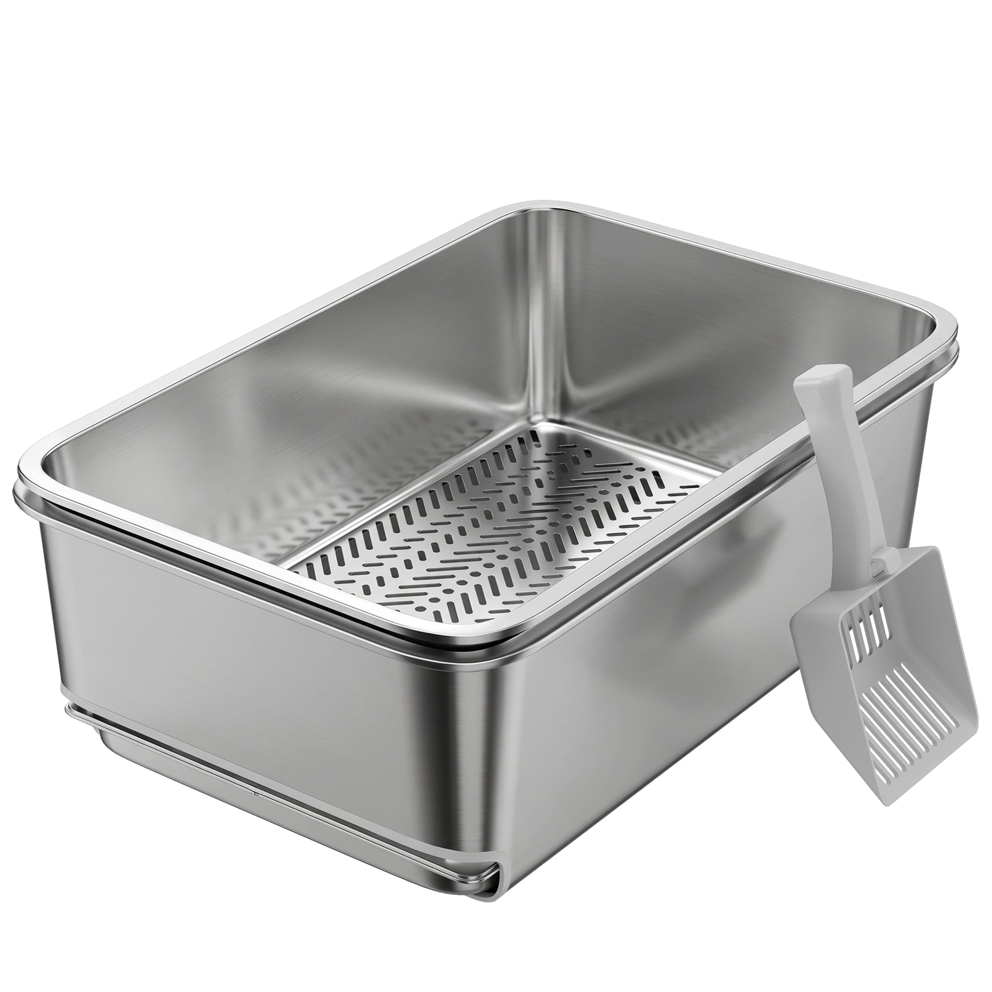 Stainless Steel Litter Box, XL Sifting Cat Litter Box with Sifting Pan, High Sides for Medium, Large Cat, Pine Pellets, Non-Sticky, Odour Control and Easy Cleaning, 23.6" x 15.7" x 7.9", Silver