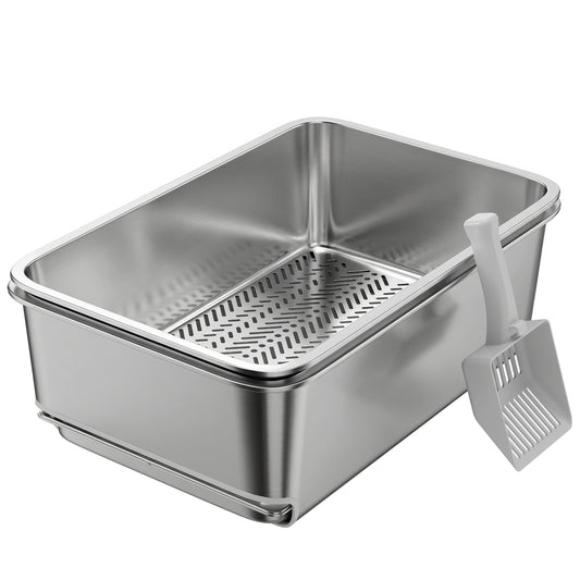 Stainless Steel Litter Box, XL Sifting Cat Litter Box with Sifting Pan, High Sides for Medium, Large Cat, Pine Pellets, Non-Sticky, Odour Control and Easy Cleaning, 23.6" x 15.7" x 7.9", Silver