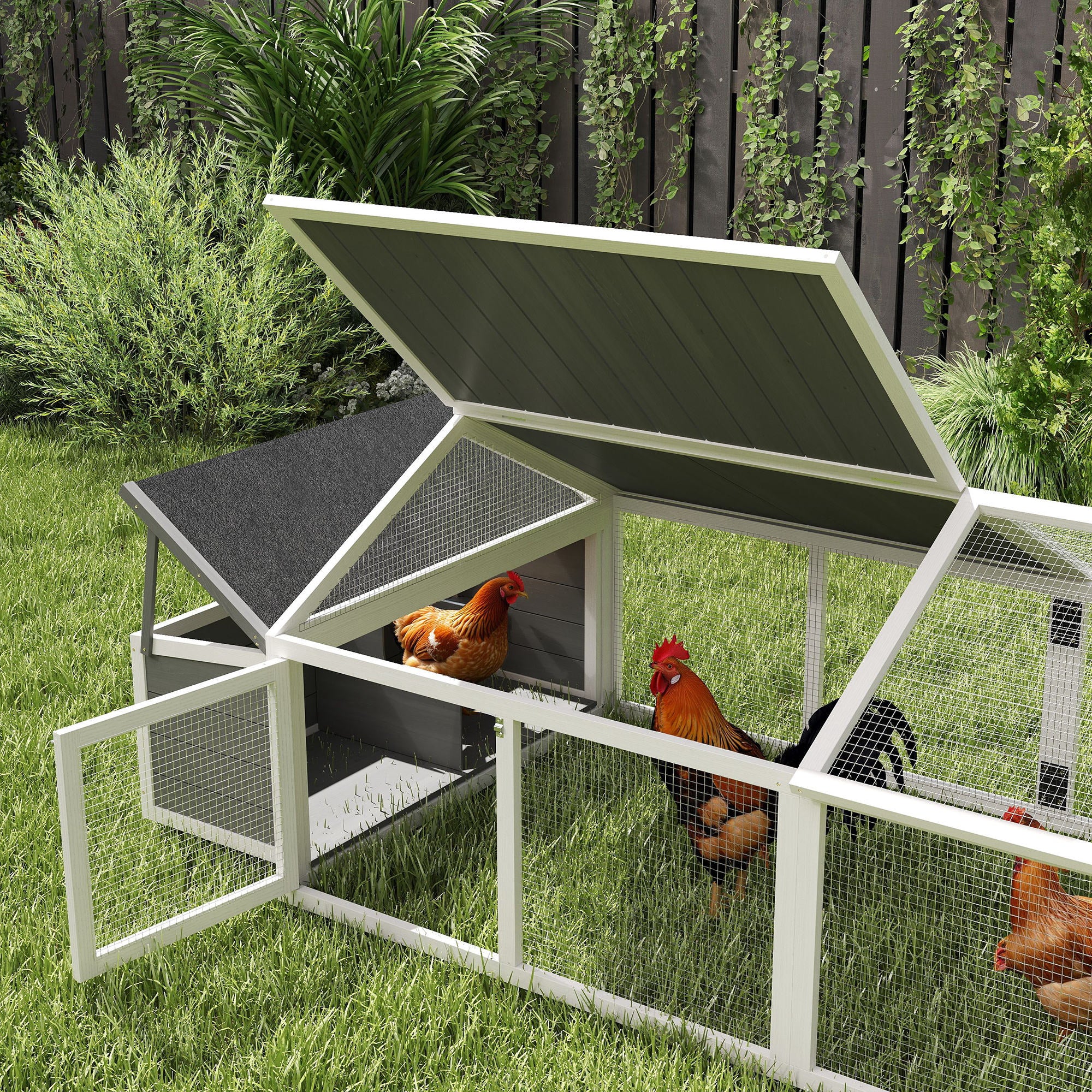 95"L Large Chicken Run, Wooden Chicken Coop with Nesting Box, Lift-up Top, Side Door and Wooden Roof, Poultry Cage for Outdoor, for 4 to 8 Chickens, Rabbits, Ducks, White