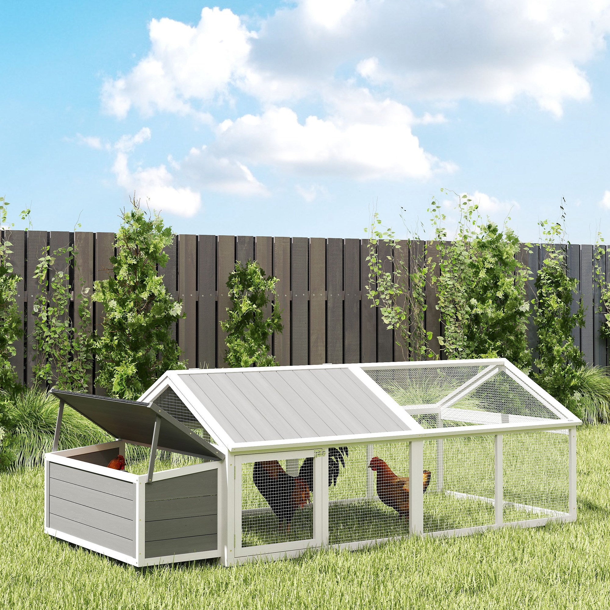 95"L Large Chicken Run, Wooden Chicken Coop with Nesting Box, Lift-up Top, Side Door and Wooden Roof, Poultry Cage for Outdoor, for 4 to 8 Chickens, Rabbits, Ducks, White