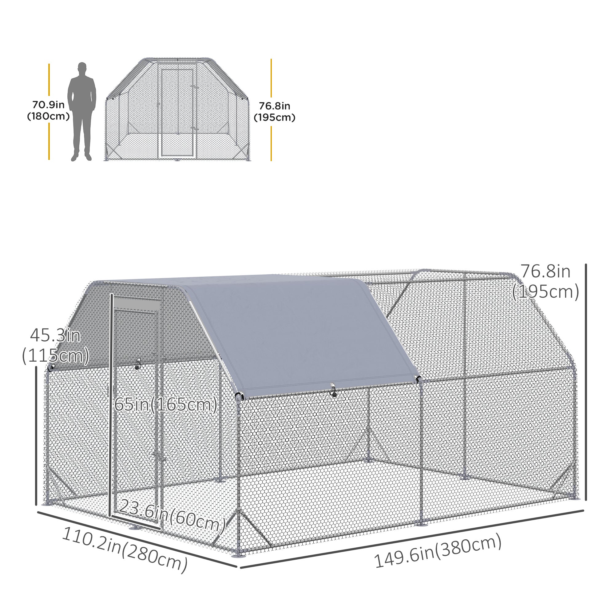 Galvanized Large Metal Chicken Coop Cage Walk-in Enclosure Poultry Hen Run House Playpen Rabbit Hutch with Cover for Outdoor Backyard 9.2' x 12.5' x 6.5' Silver