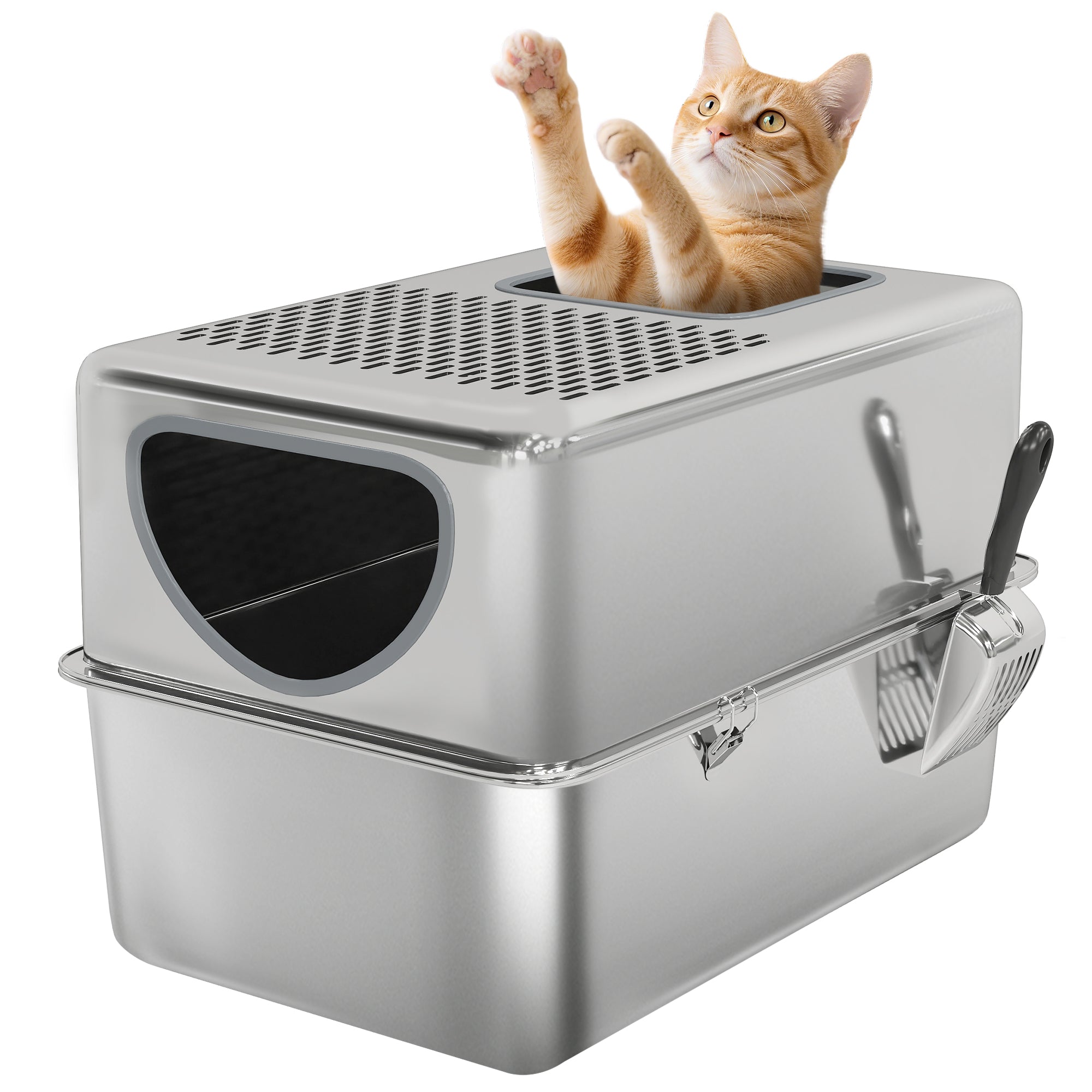 Stainless Steel Cat Litter Box with Lid, Extra Large Enclosed Litter Box with Top Litter-Catching Holes, Scoop, Dual Entry, Easy Clean, Silver