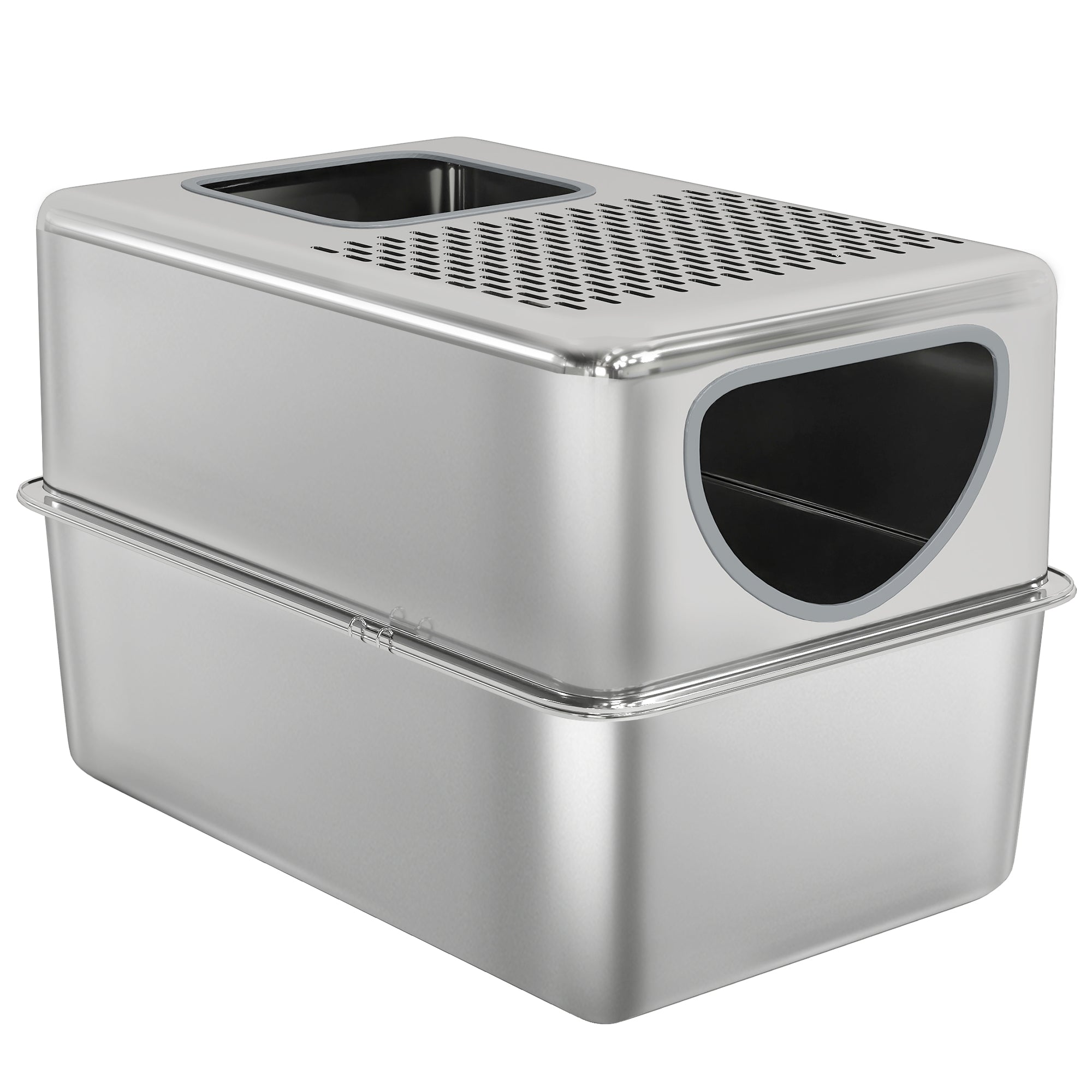 Stainless Steel Cat Litter Box with Lid, Extra Large Enclosed Litter Box with Top Litter-Catching Holes, Scoop, Dual Entry, Easy Clean, Silver