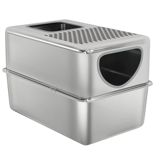 Stainless Steel Cat Litter Box with Lid, Extra Large Enclosed Litter Box with Top Litter-Catching Holes, Scoop, Dual Entry, Easy Clean, Silver