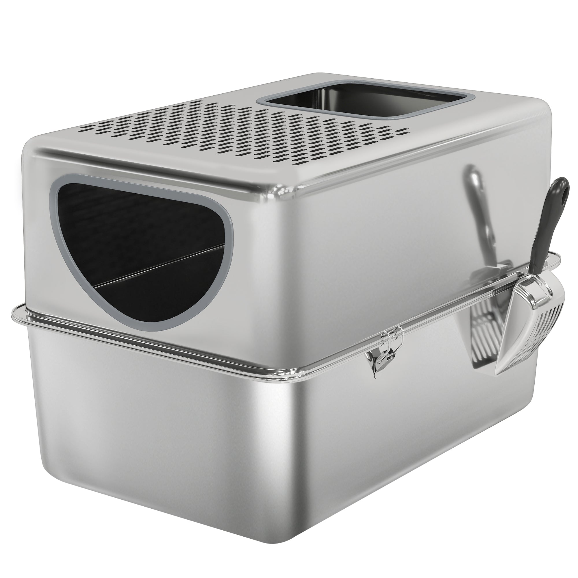 Stainless Steel Cat Litter Box with Lid, Extra Large Enclosed Litter Box with Top Litter-Catching Holes, Scoop, Dual Entry, Easy Clean, Silver