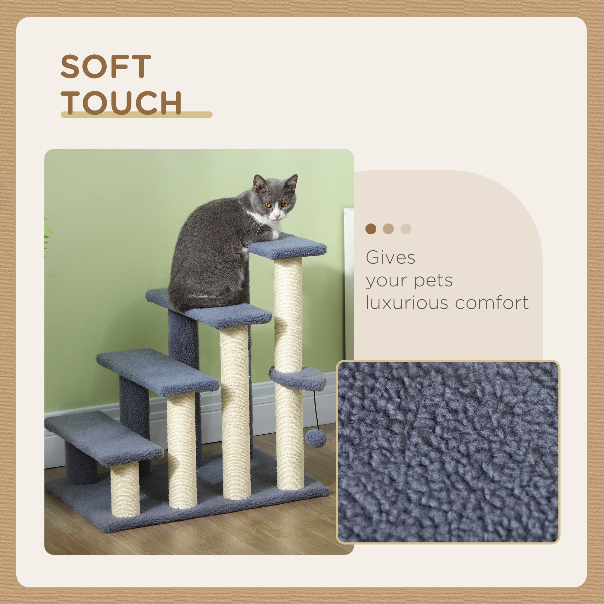 Cat Stairs 4 Steps for Bed, Couch with Scratching Posts, Small Cat Tree for Indoor Cats with Toy Ball, 23.5" x 16" x 25", Grey