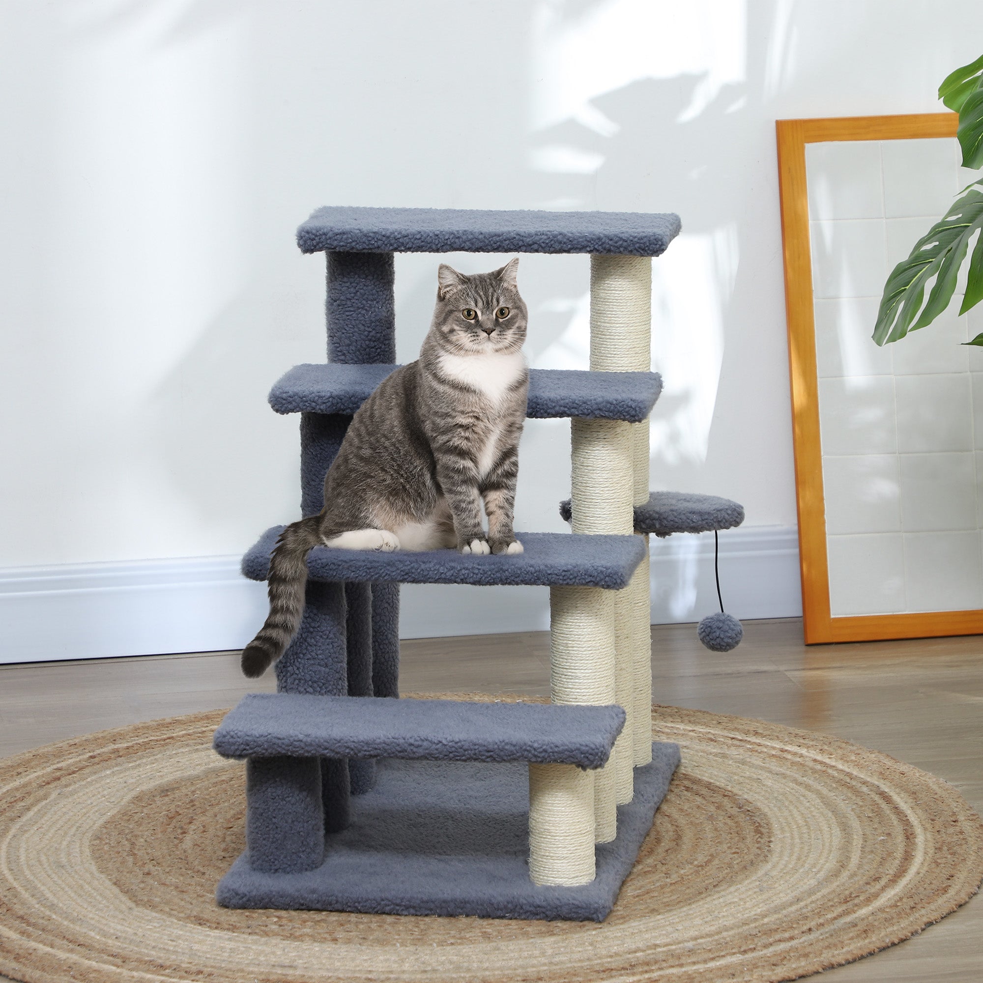 Cat Stairs 4 Steps for Bed, Couch with Scratching Posts, Small Cat Tree for Indoor Cats with Toy Ball, 23.5" x 16" x 25", Grey
