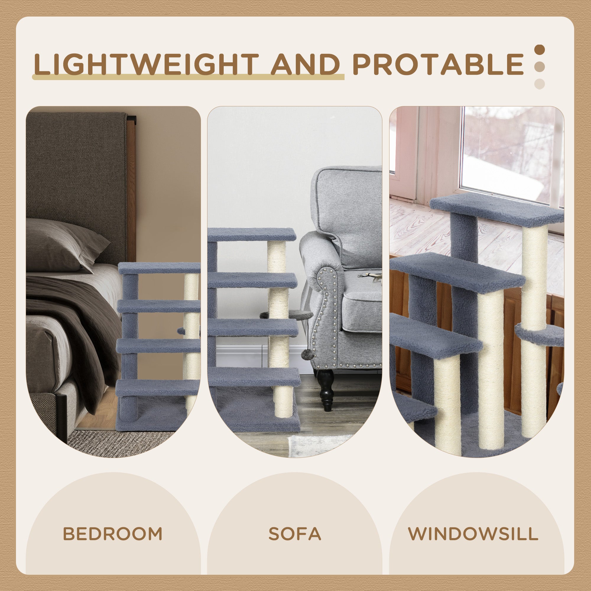 Cat Stairs 4 Steps for Bed, Couch with Scratching Posts, Small Cat Tree for Indoor Cats with Toy Ball, 23.5" x 16" x 25", Grey