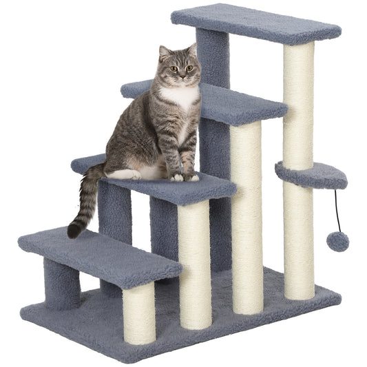 Cat Stairs 4 Steps for Bed, Couch with Scratching Posts, Small Cat Tree for Indoor Cats with Toy Ball, 23.5" x 16" x 25", Grey