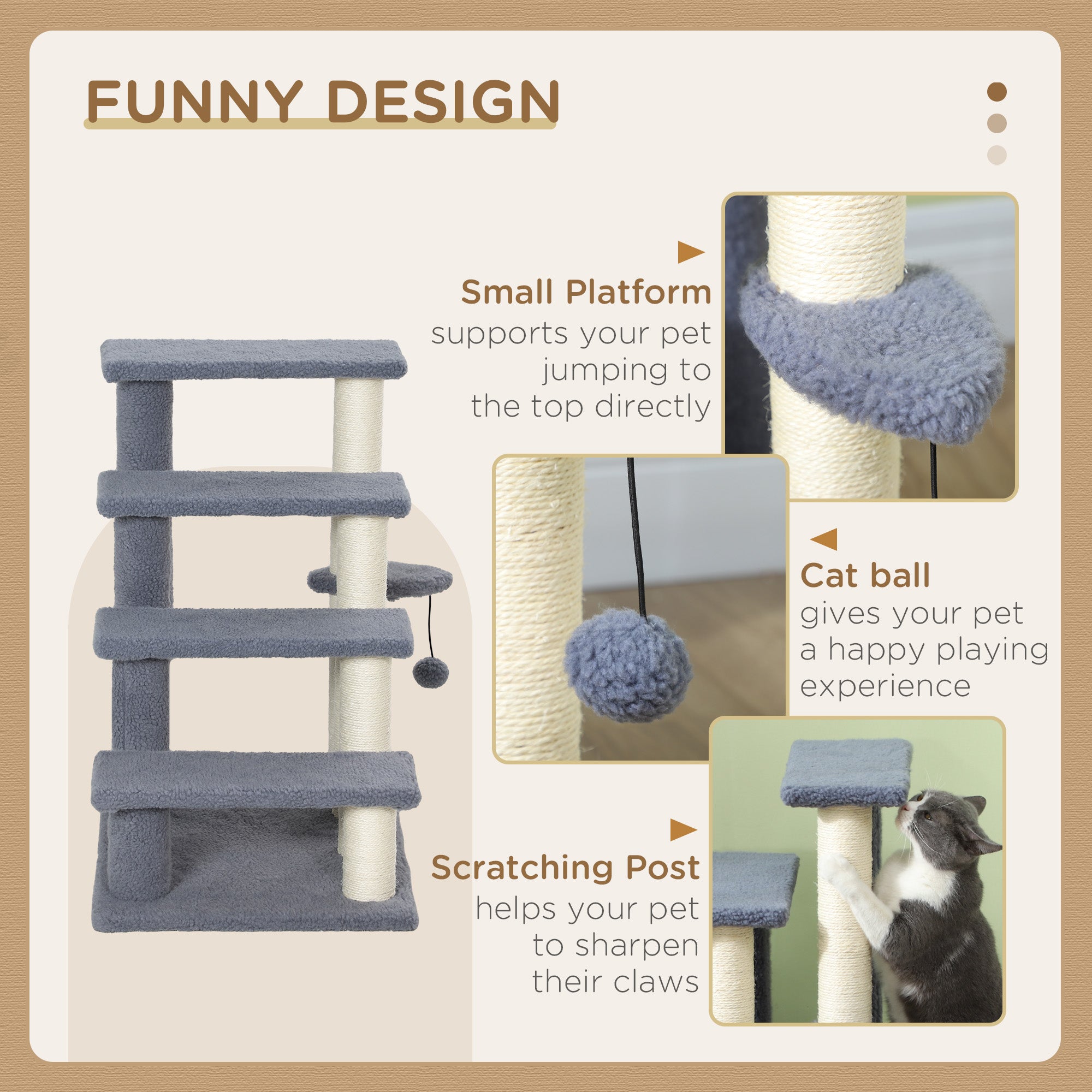 Cat Stairs 4 Steps for Bed, Couch with Scratching Posts, Small Cat Tree for Indoor Cats with Toy Ball, 23.5" x 16" x 25", Grey