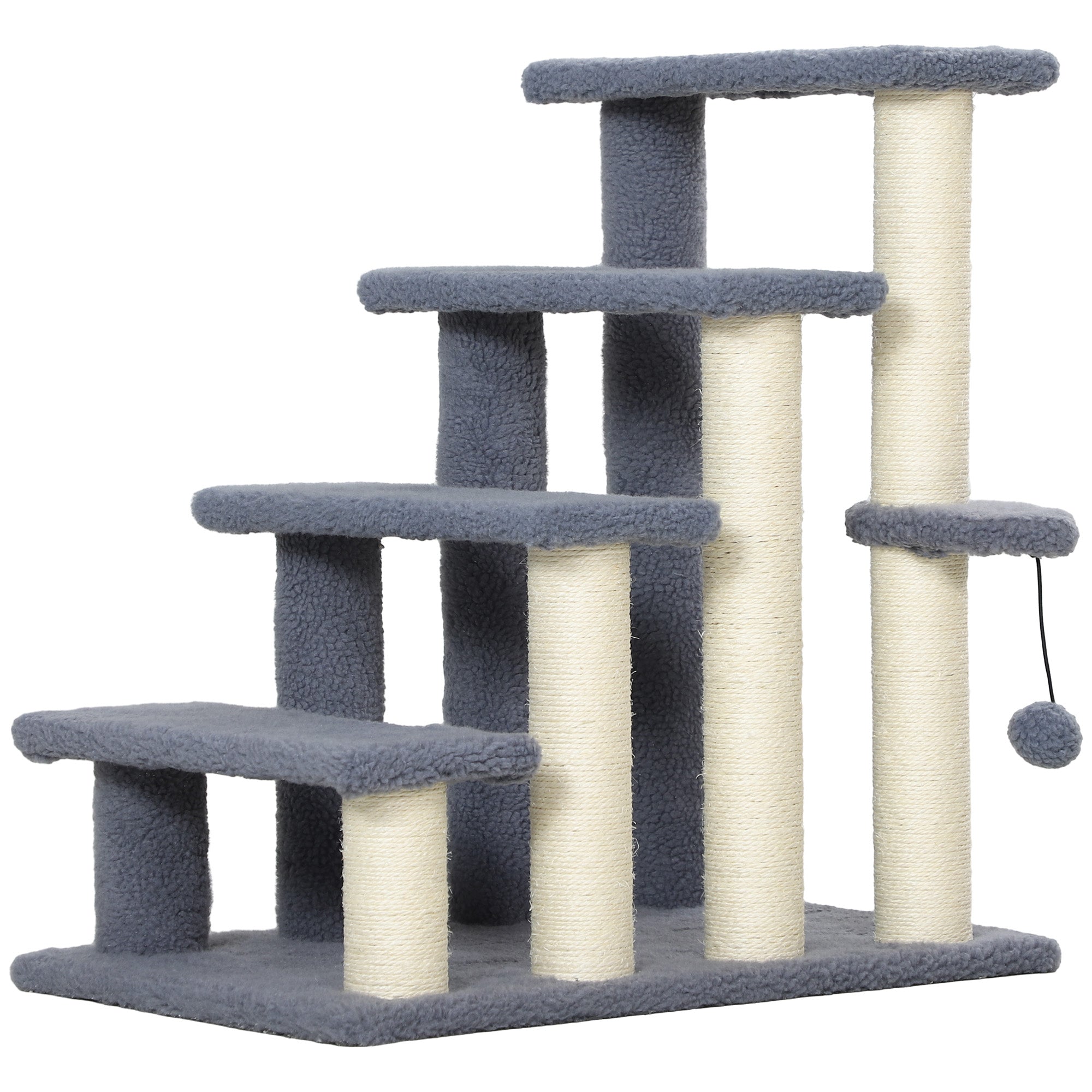 Cat Stairs 4 Steps for Bed, Couch with Scratching Posts, Small Cat Tree for Indoor Cats with Toy Ball, 23.5" x 16" x 25", Grey