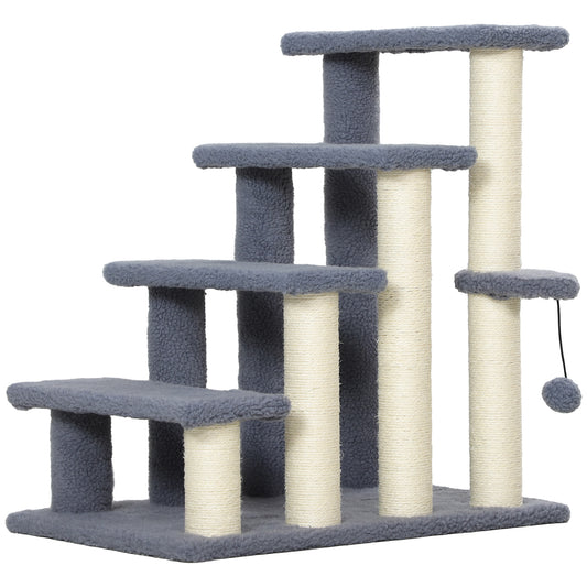 Cat Stairs 4 Steps for Bed, Couch with Scratching Posts, Small Cat Tree for Indoor Cats with Toy Ball, 23.5" x 16" x 25", Grey