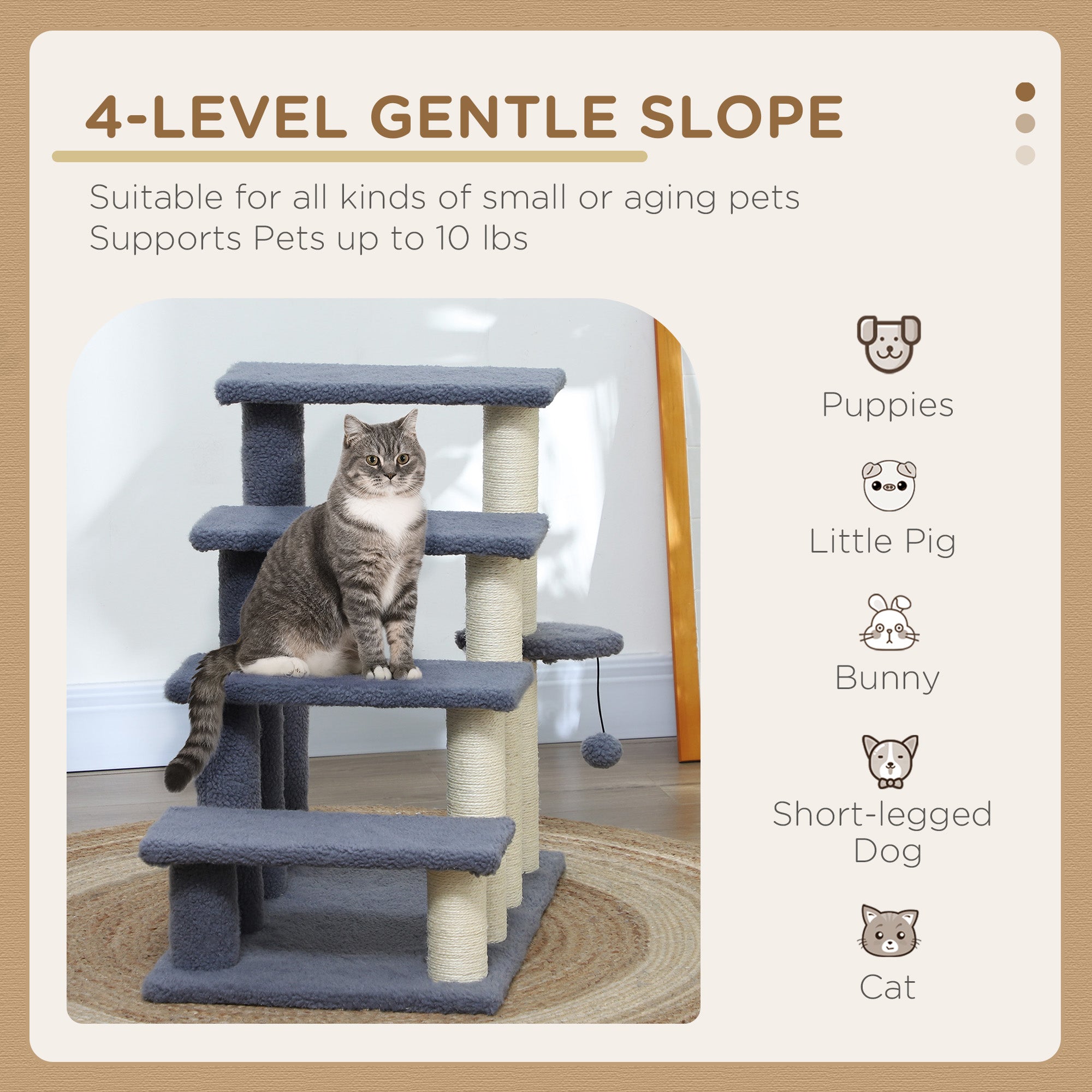 Cat Stairs 4 Steps for Bed, Couch with Scratching Posts, Small Cat Tree for Indoor Cats with Toy Ball, 23.5" x 16" x 25", Grey