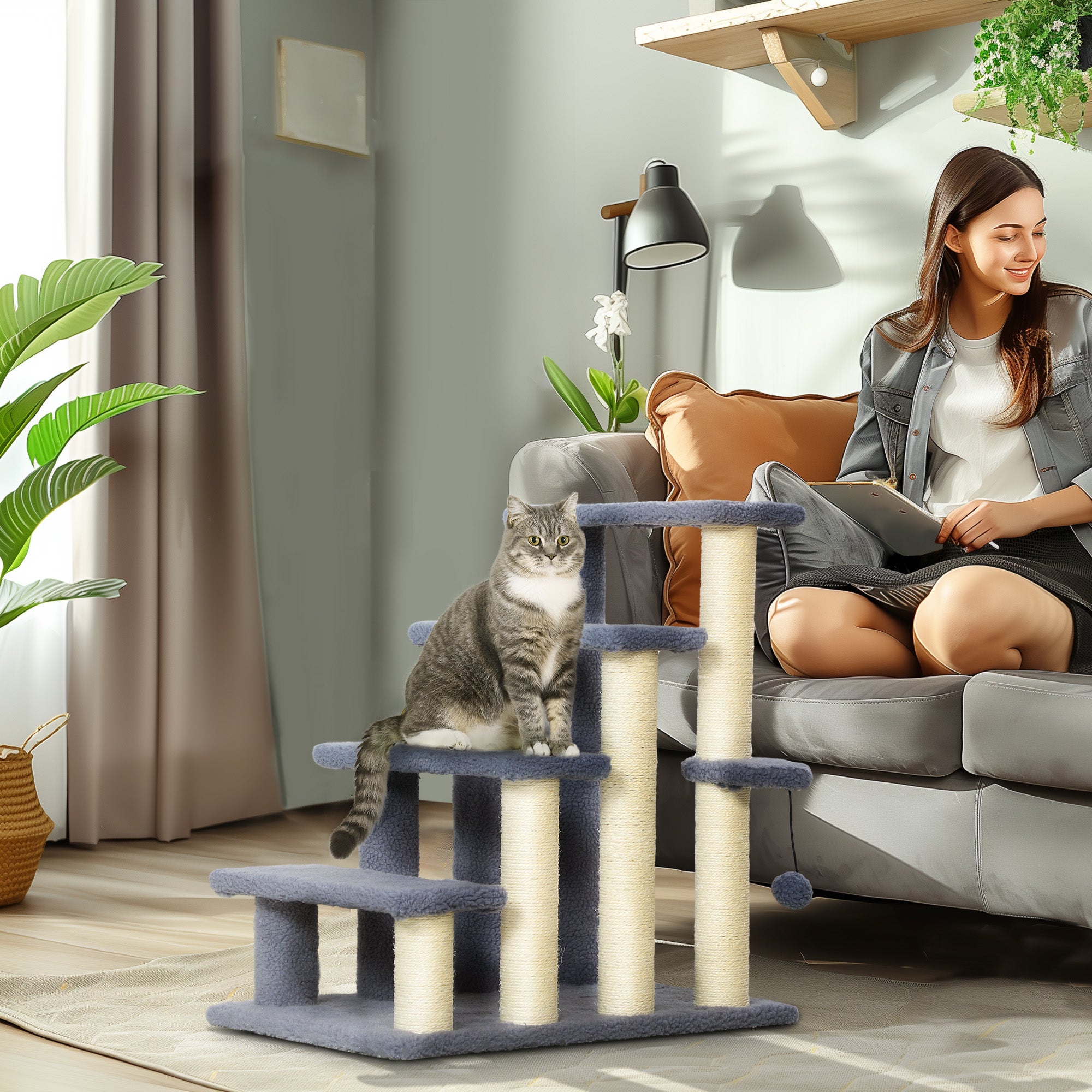 Cat Stairs 4 Steps for Bed, Couch with Scratching Posts, Small Cat Tree for Indoor Cats with Toy Ball, 23.5" x 16" x 25", Grey