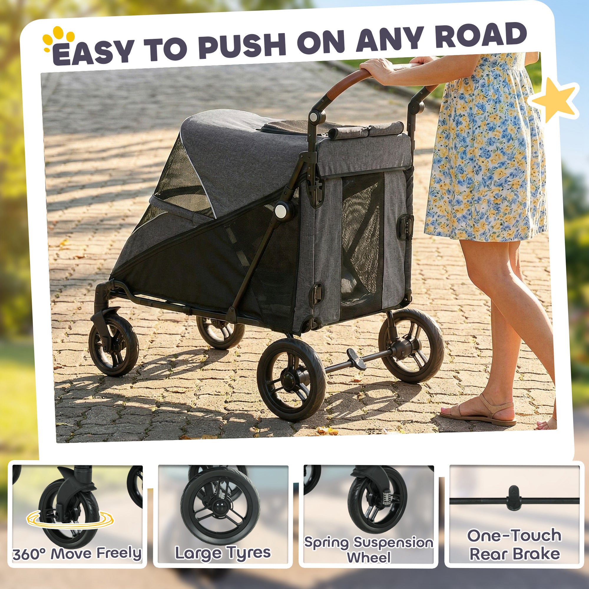 Dog Stroller for Large Dogs, One-Click Folding 4 Wheel Large Pet Stroller Wagon for Multiple Pets, All Terrain Spring Suspension w/ 8-Position Adjustable Handle, Mesh Window, Up to 88 LBS, Gray