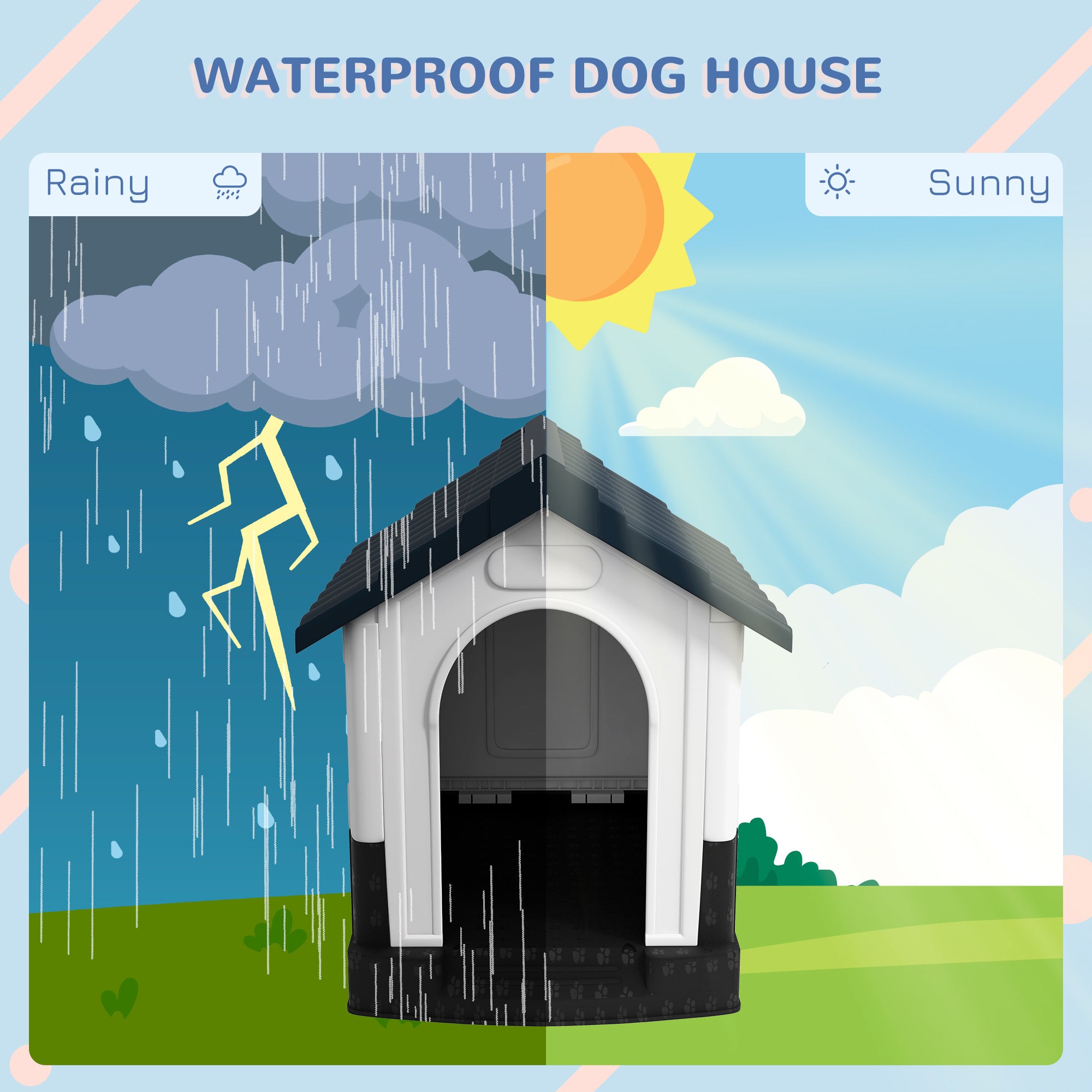 Outdoor Dog House, Plastic Dog Kennel, Water-Resistant Pet Shelter with Windows, Base Support for Garden Patio, Miniature Dogs, 25" x 22" x 26" - Dark Grey